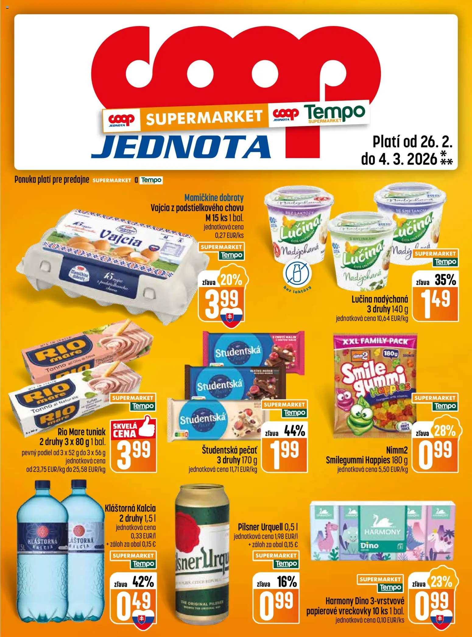 Nové COOP Jednota akcie – leták je platný od 26.02.2026 | Strana: 13 | Produkty: Pilsner Urquell, Vajcia, Rio Mare, Študentská pečať