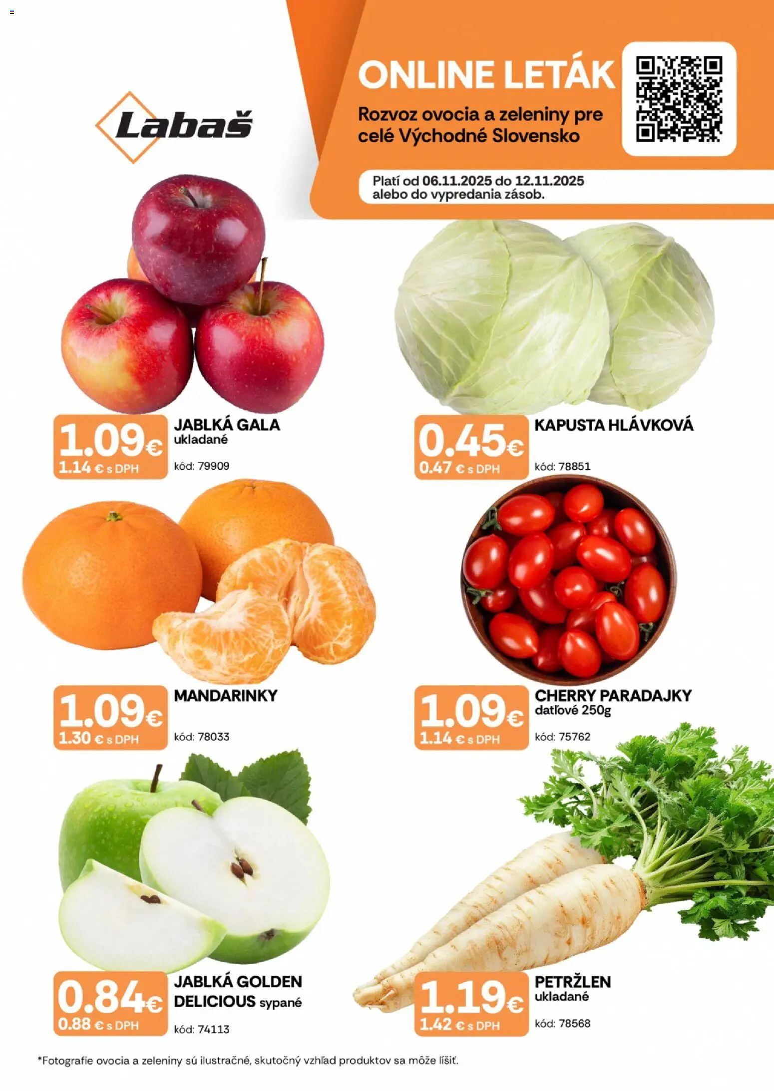 Nové Labaš akcie – leták je platný od 06.11.2025 | Strana: 1 | Produkty: Kapusta, Jablká, Mandarinky, Cherry paradajky