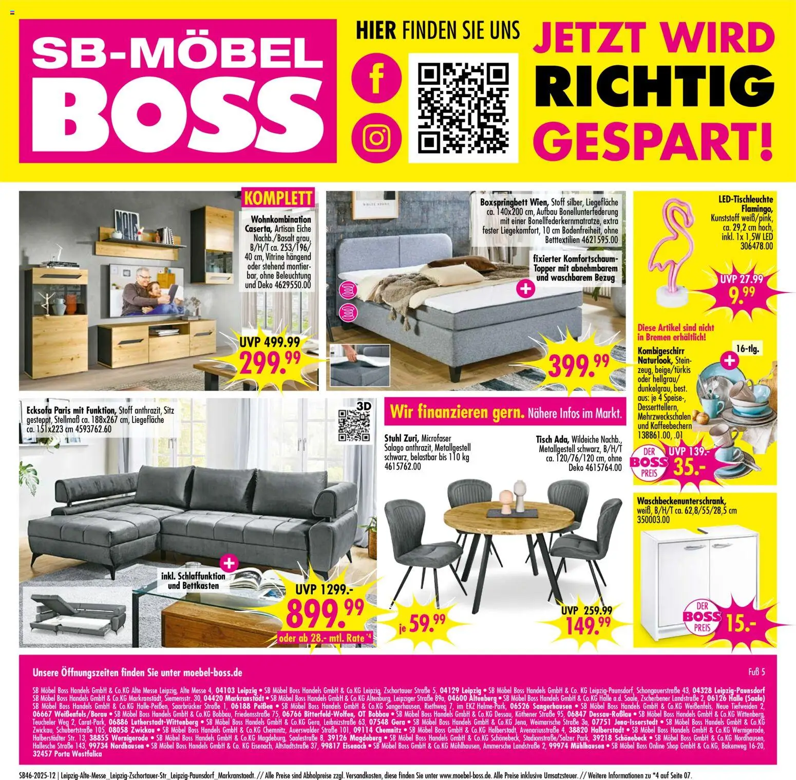 SB Möbel Boss Prospekt Leipzig-Paunsdorf – gültig ab 08.11.2025 | Seite: 12 | Produkte: Ecksofa, Boxspringbett, Tisch, Stuhl