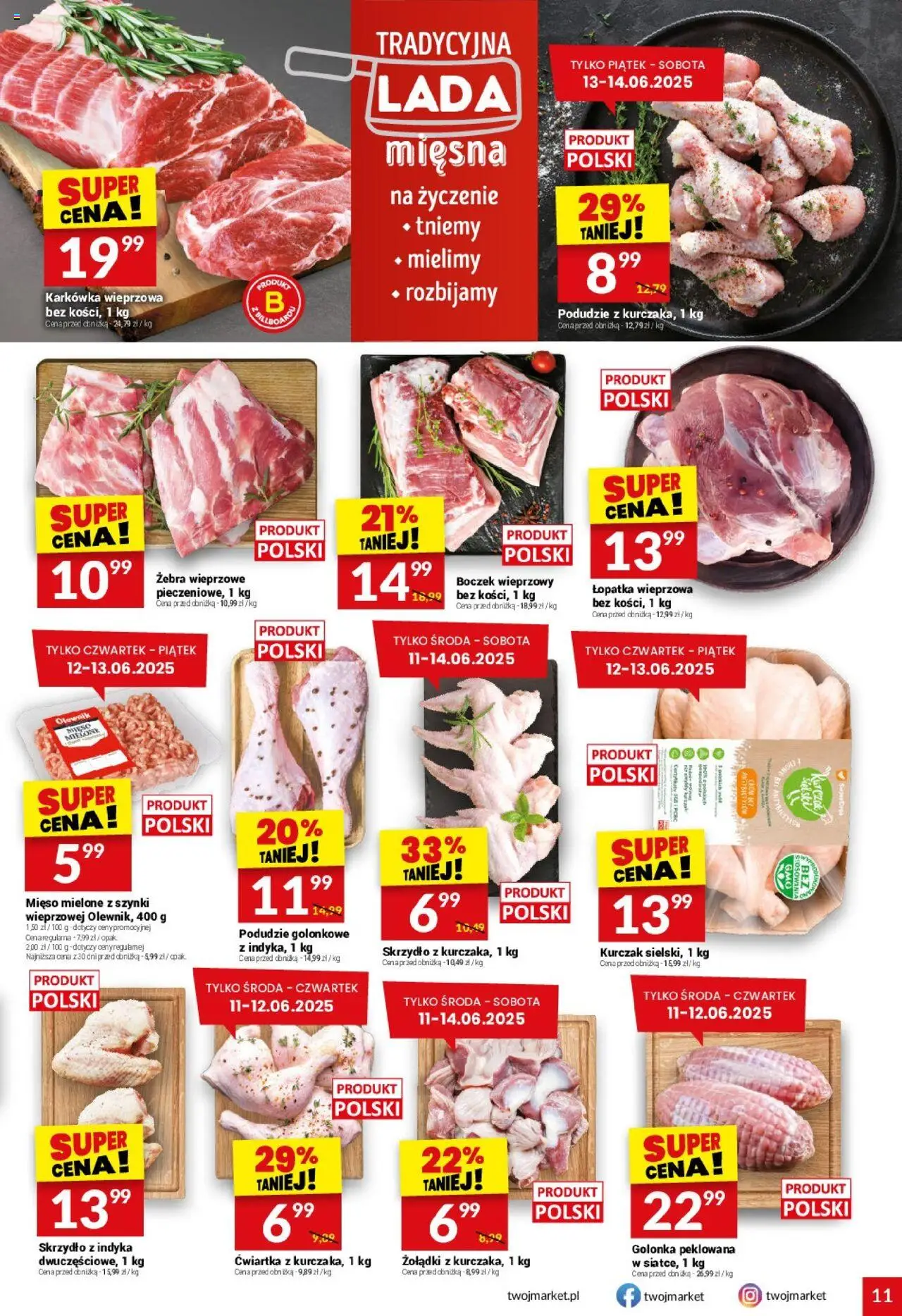 Twój Market Gazetka od 11.06.2025 | Strona: 11 | Produkty: Karkówka wieprzowa, Mięso, Podudzie z kurczaka, Ćwiartka z kurczaka