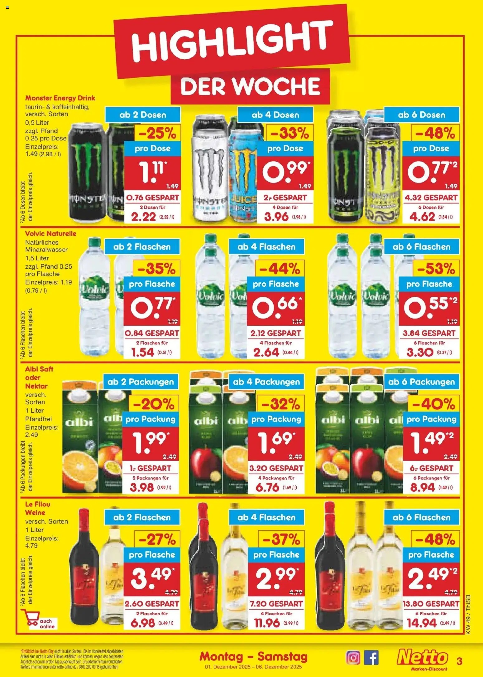Netto Marken-Discount prospekt Pirna	 – gültig ab 01.12.2025 | Seite: 3 | Produkte: Le filou, Energy, Monster, Volvic