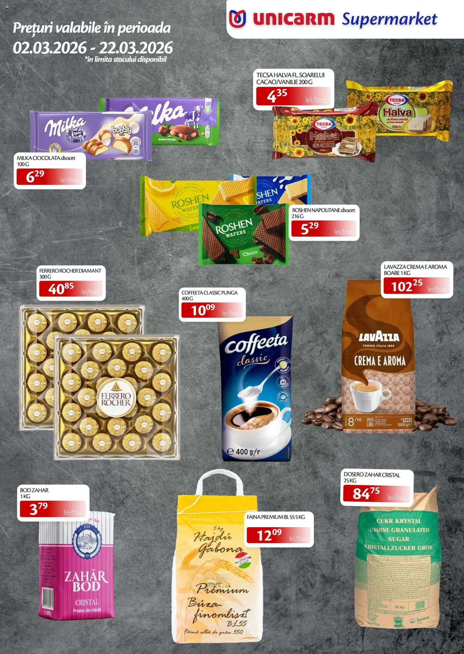 Noul catalog Unicarm – valabil de la 02.03.2026 | Pagină: 4 | Produse: Napolitane, Cremă, Soda, Ciocolată