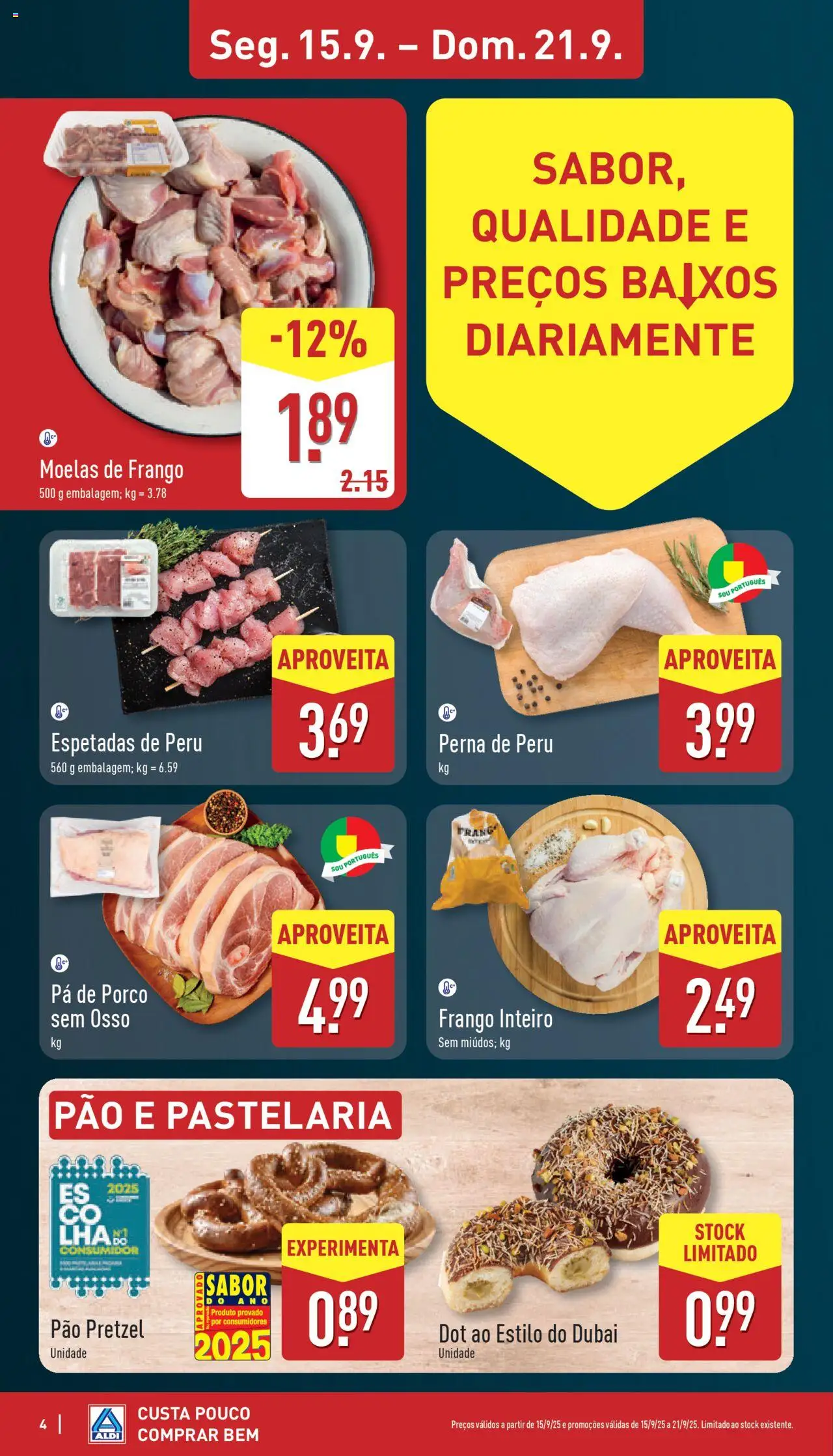 Aldi folheto │ válido de 15.09.2025 | Página: 4 | Produtos: Frango, Peru, Pão, Moelas