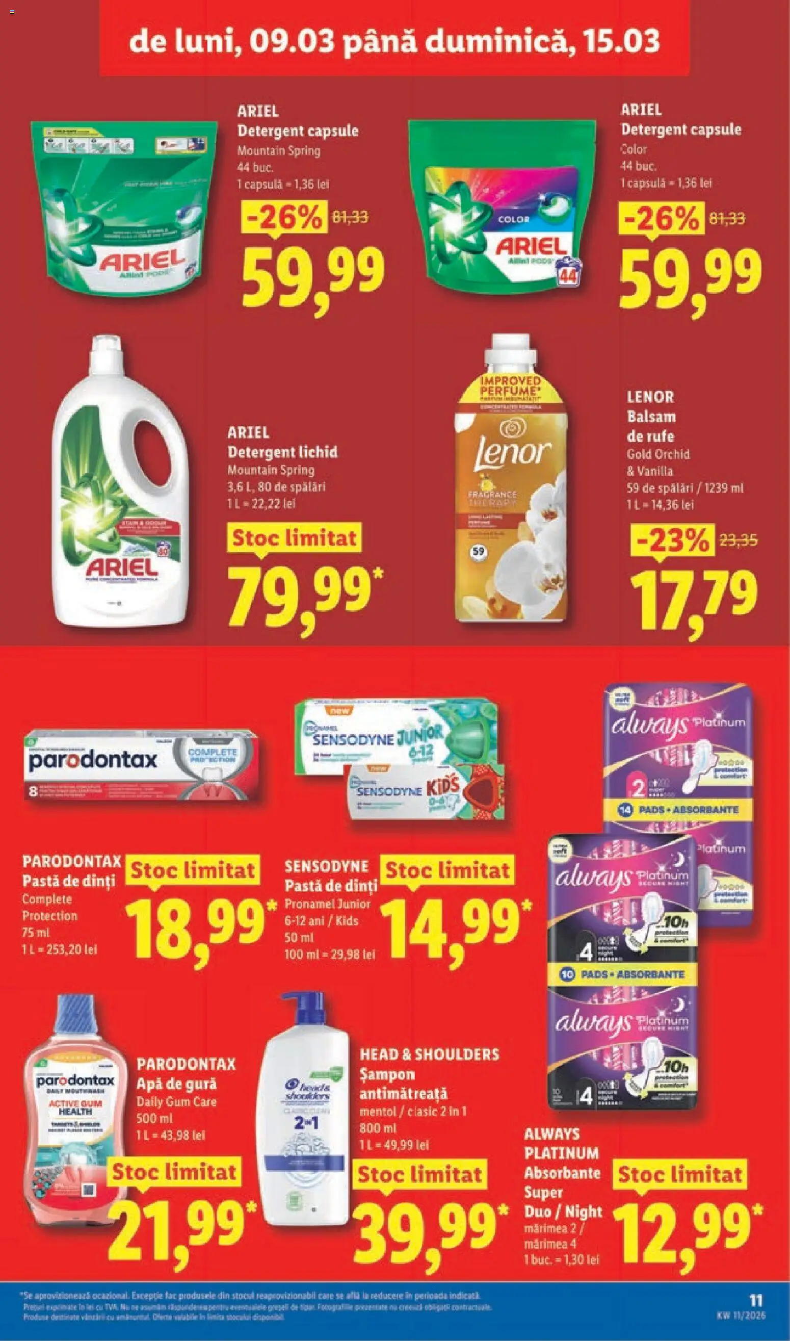 Noul catalog Lidl – valabil de la 09.03.2026 | Pagină: 11 | Produse: Pastă de dinți, Detergent, Balsam de rufe, Apă
