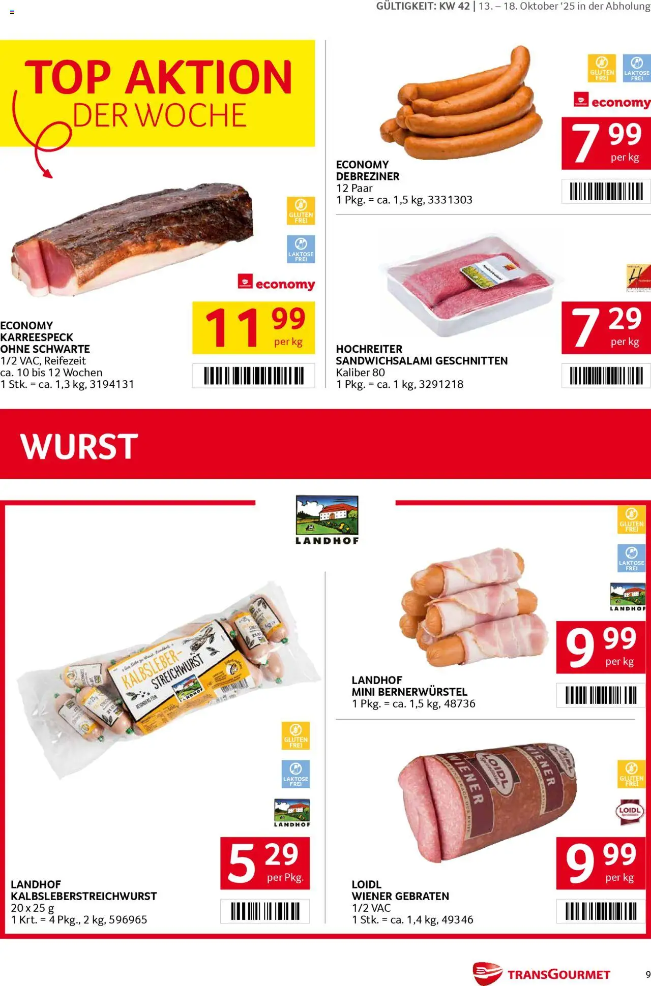 Transgourmet Flugblatt gültig ab 13.10.2025 | Seite: 9 | Produkte: Wurst