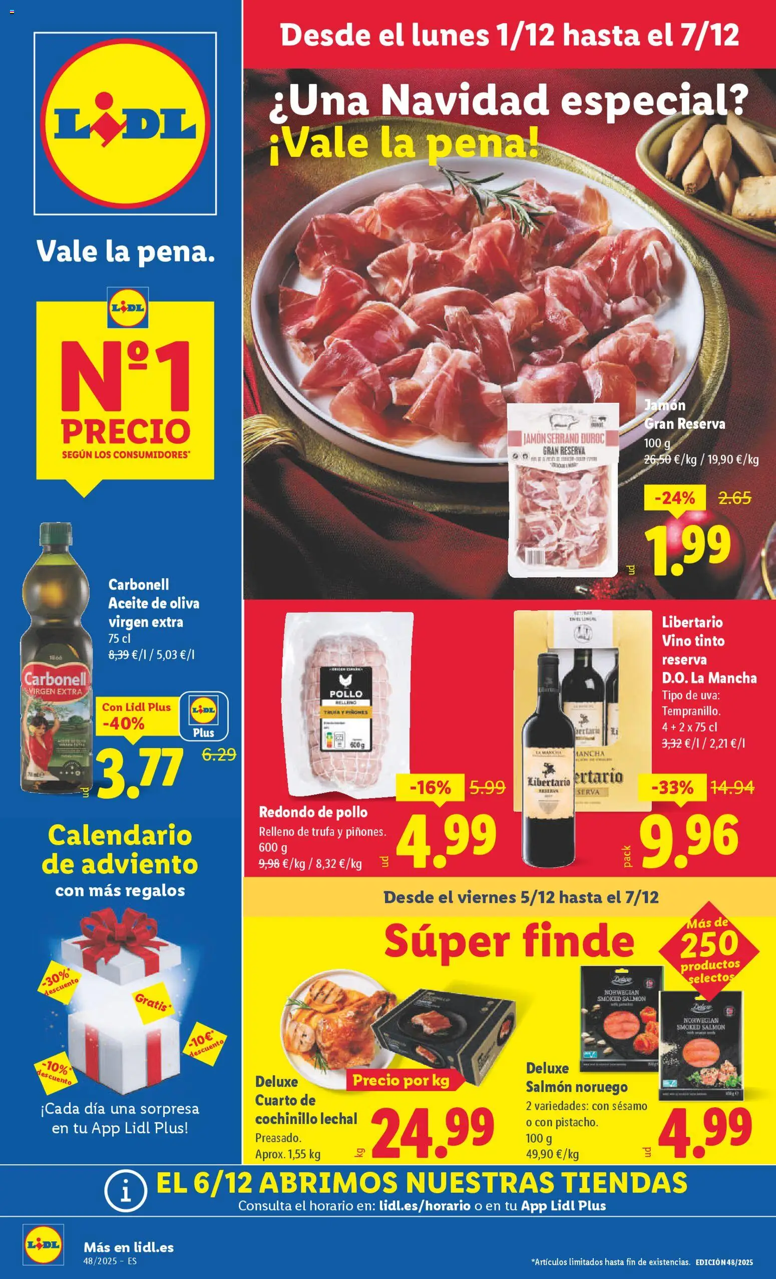 Lidl folleto │ válido desde el 01.12.2025 | Página: 1 | Productos: Jamón serrano, Aceite, Vino, Aceite de oliva