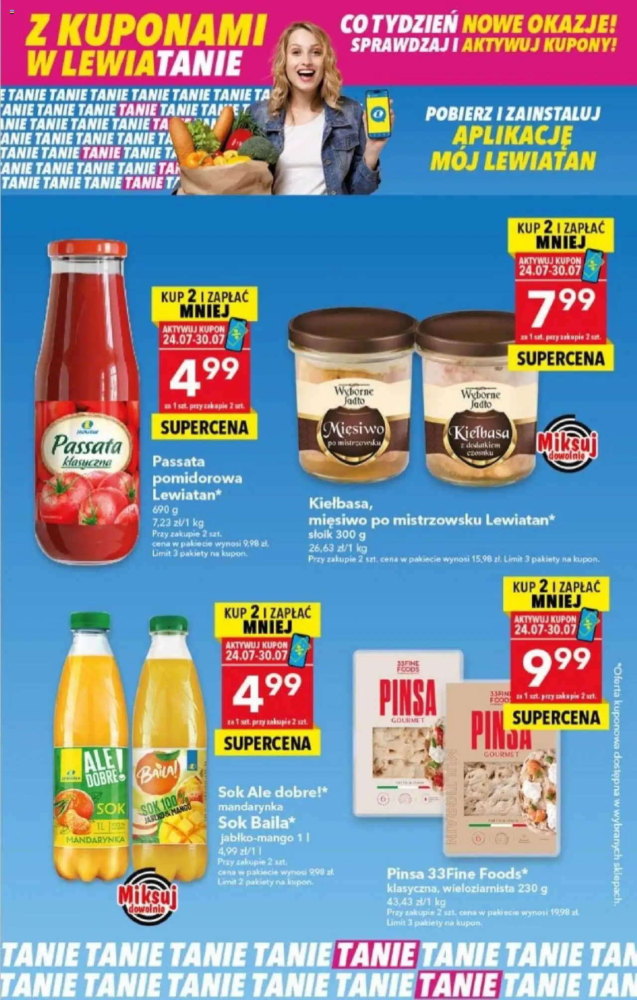 Lewiatan gazetka - Z Kuponami w Lewiatanie od 24.07.2025 | Strona: 1 | Produkty: Mango, Kiełbasa, Sok, Pinsa