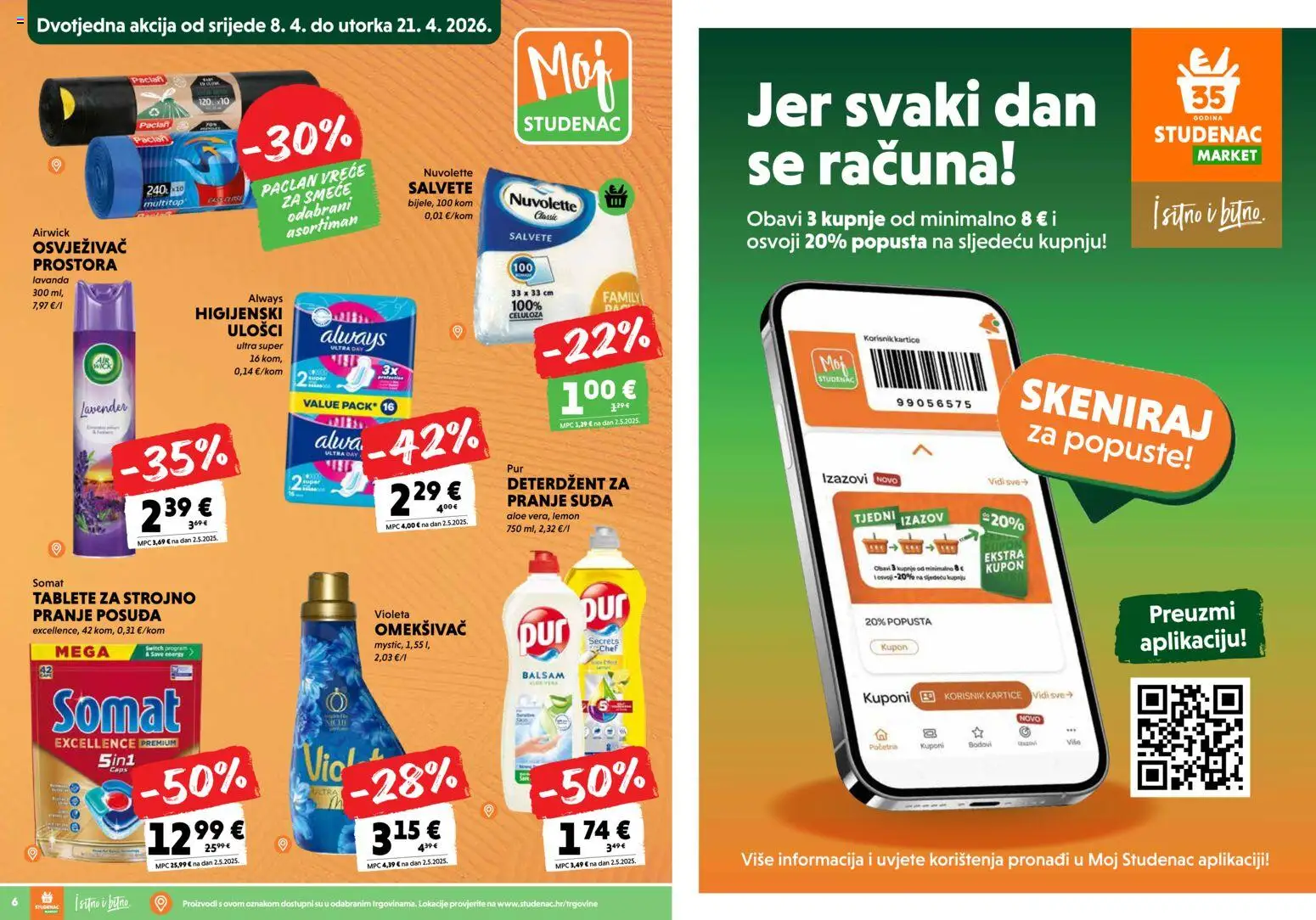 Studenac katalog | vrijedi od 08.04.2026 | Stranica: 4 | Proizvodi: Omekšivač, Deterdžent, Salvete, Somat