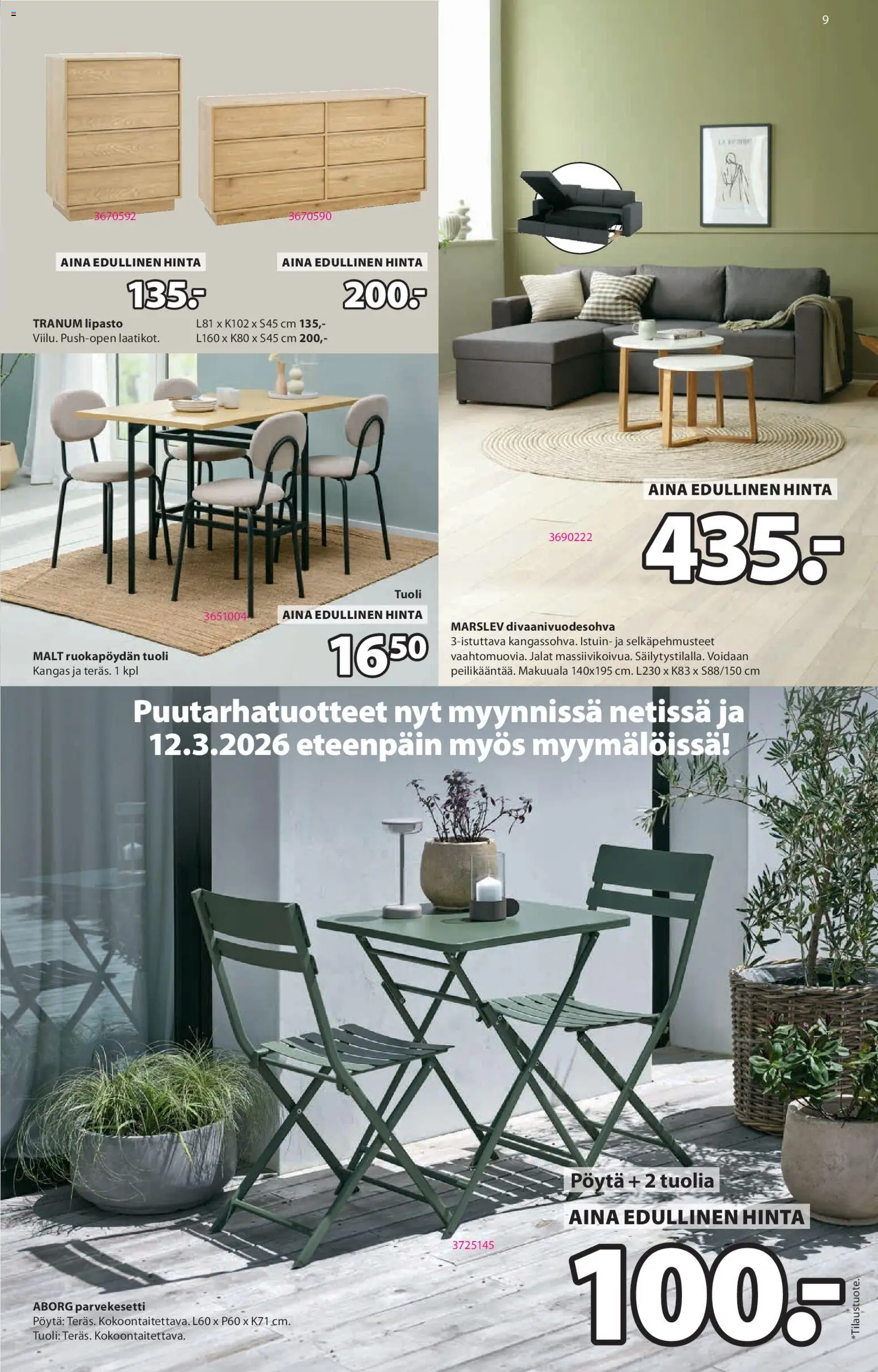 JYSK tarjoukset – voimassa 12.03.2026 alkaen | Sivu: 9 | Tuotteet: Kangas, Lipasto, Pöytä, Tuoli