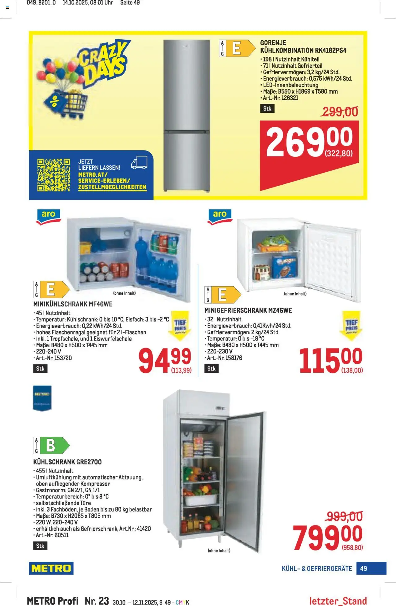 Metro angebote Profi gültig ab 30.10.2025 | Seite: 49 | Produkte: Uhr, Kühlschrank