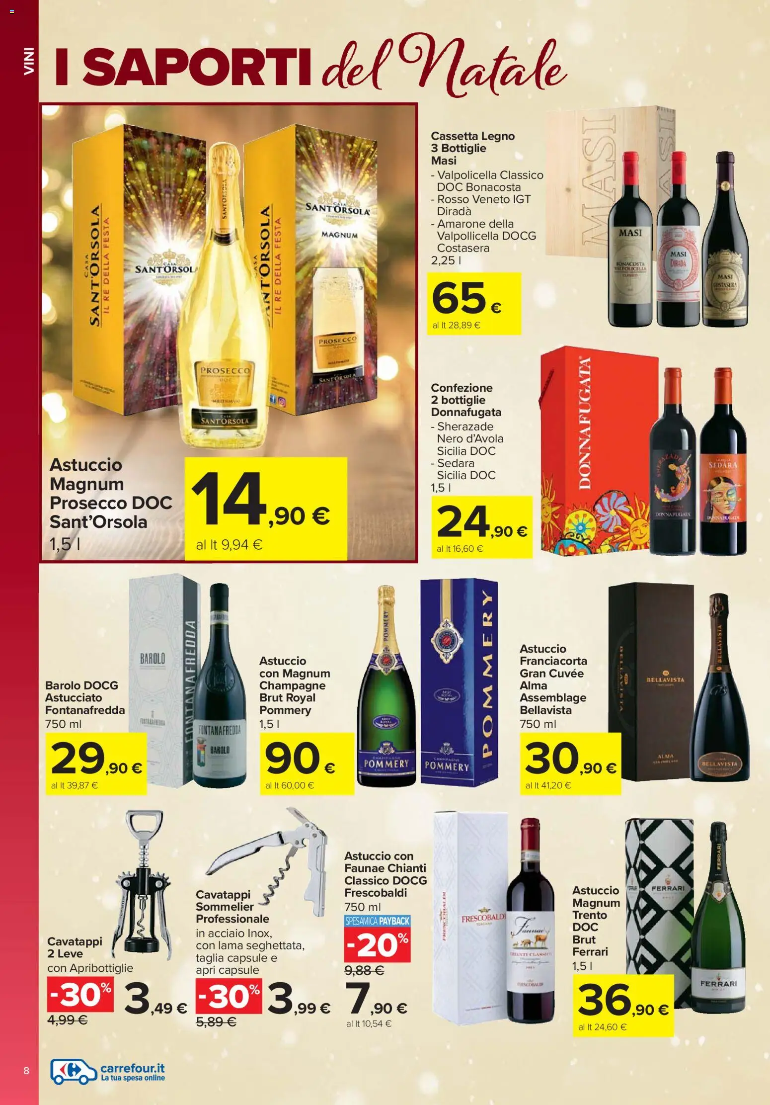 Volantino Carrefour del 13.11.2025 | Pagina: 8 | Prodotti: Cavatappi, Prosecco, Champagne, Astuccio