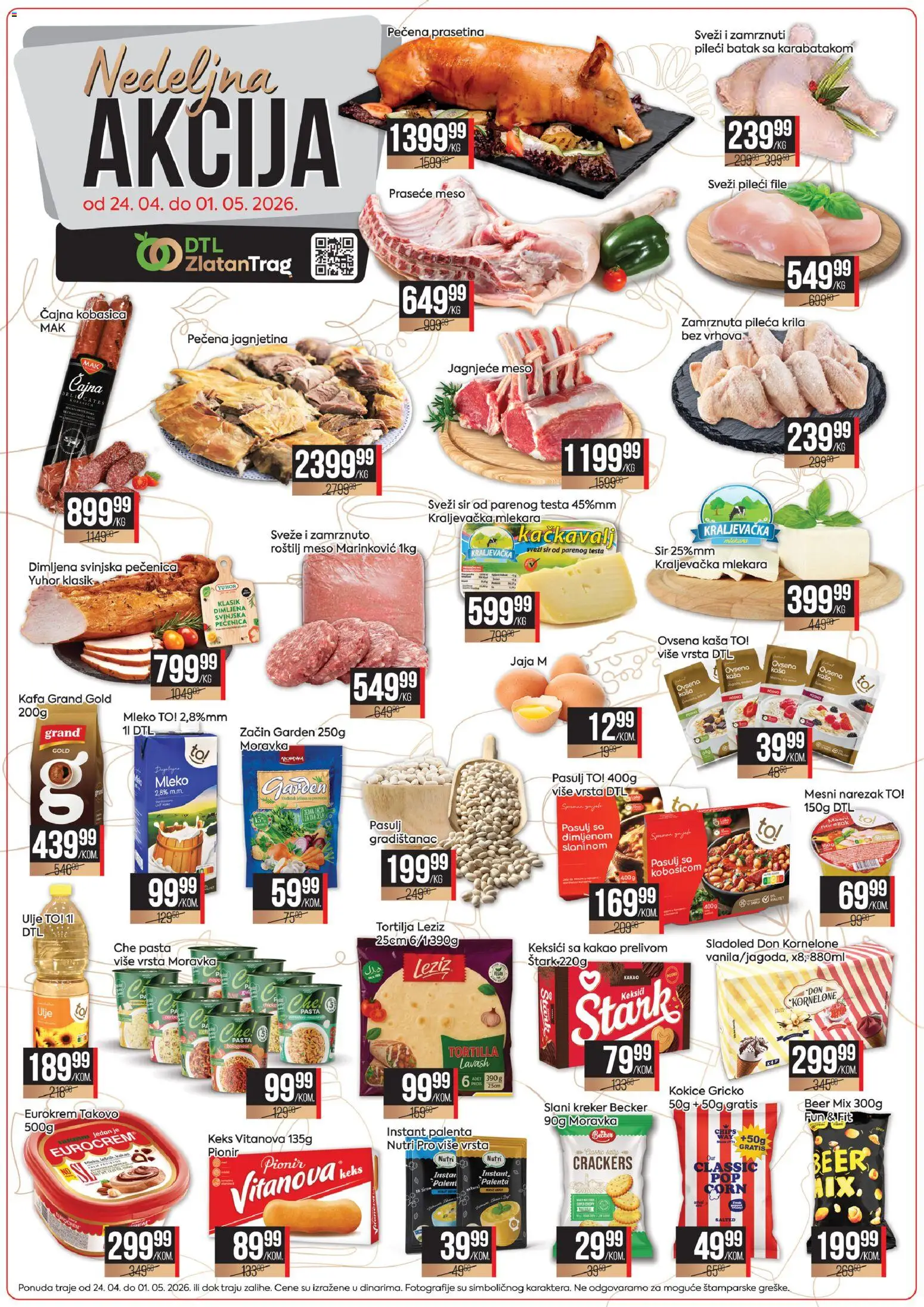 Zlatan Trag katalog - važi od 24.04.2026 | Strana: 1 | Proizvode: Palenta, Eurocrem, Pileći batak, Kačkavalj