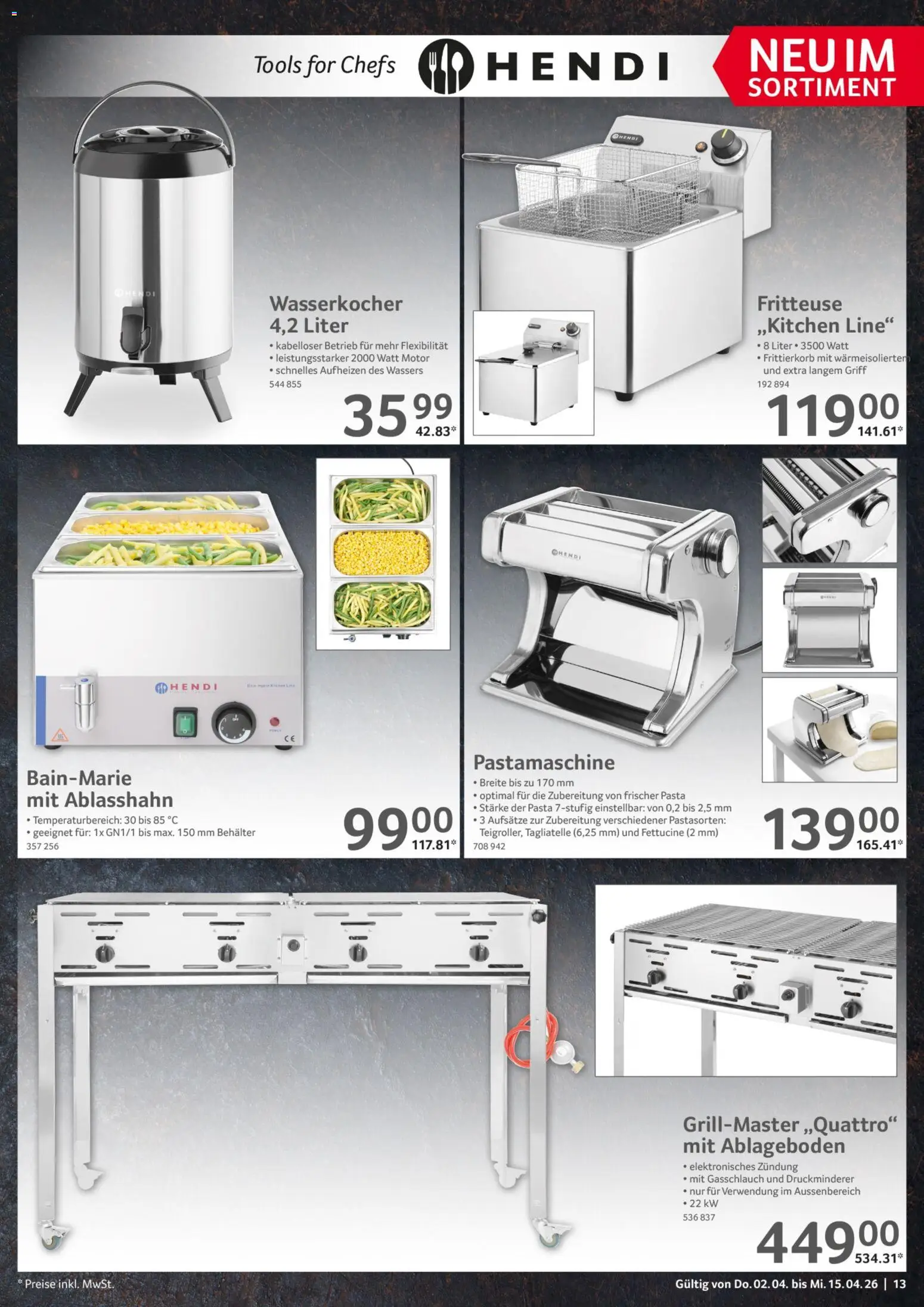 Selgros Gastronomie – gültig ab 02.04.2026 | Seite: 13 | Produkte: Wasserkocher, Pasta, Fritteuse