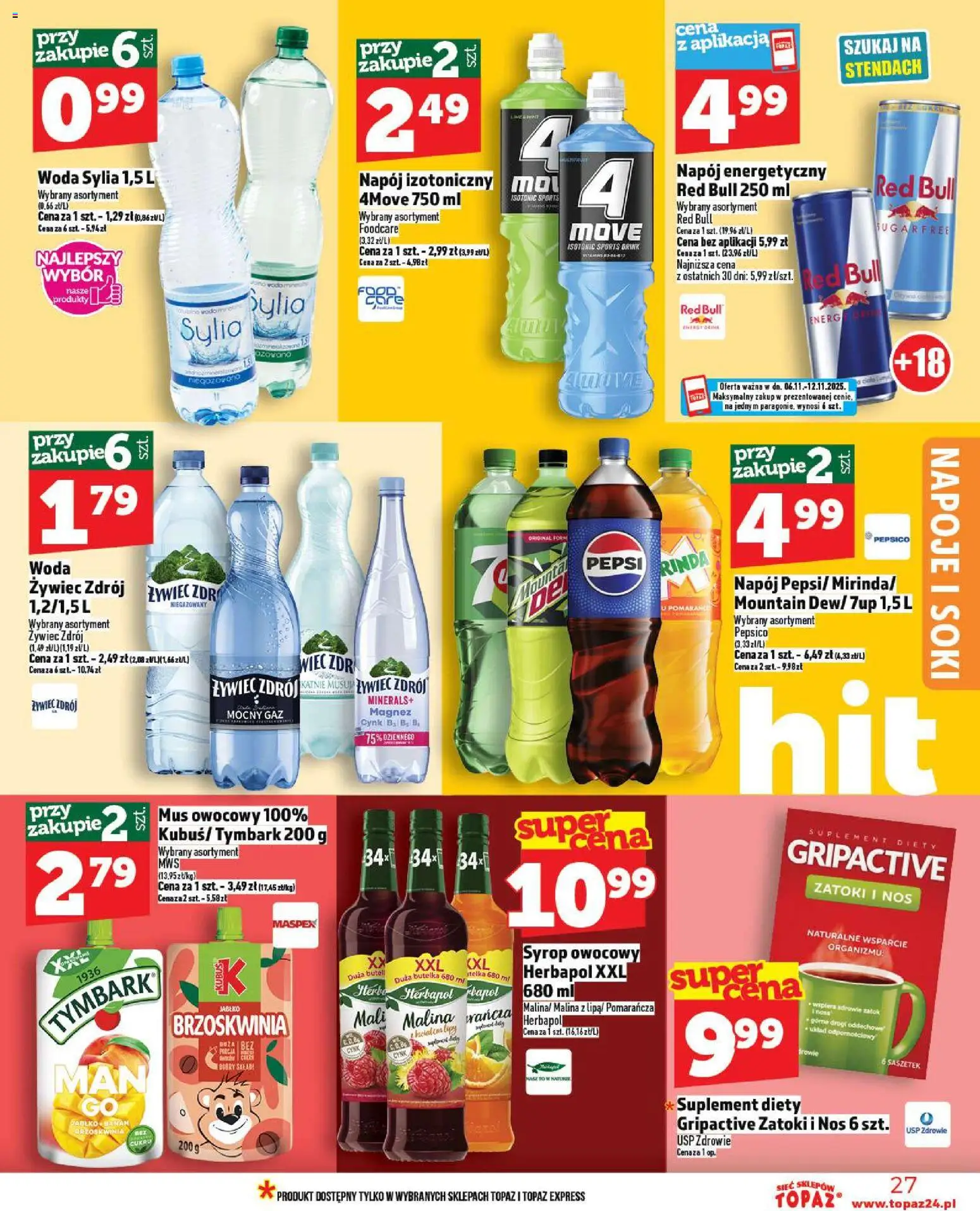 Topaz Gazetka MAZ od 06.11.2025 | Strona: 27 | Produkty: Brzoskwinia, Napoje, Soki, Woda