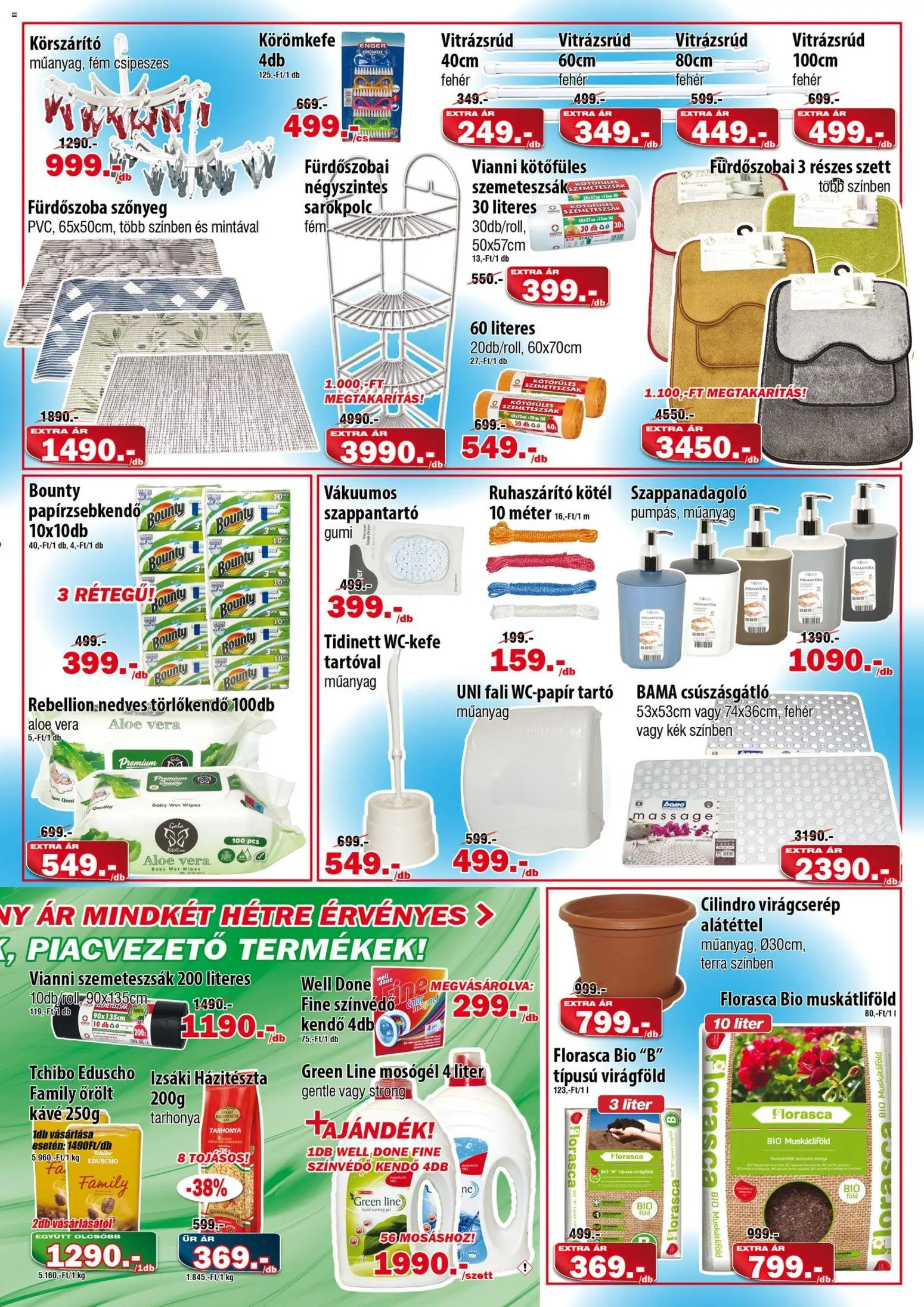 Vianni akciós ujság - amely érvényes a következő dátumtól: 08.04.2026 | Oldal: 3 | Termékek: Fürdőszoba szőnyeg, Szemeteszsák, Mosógél, Virágföld