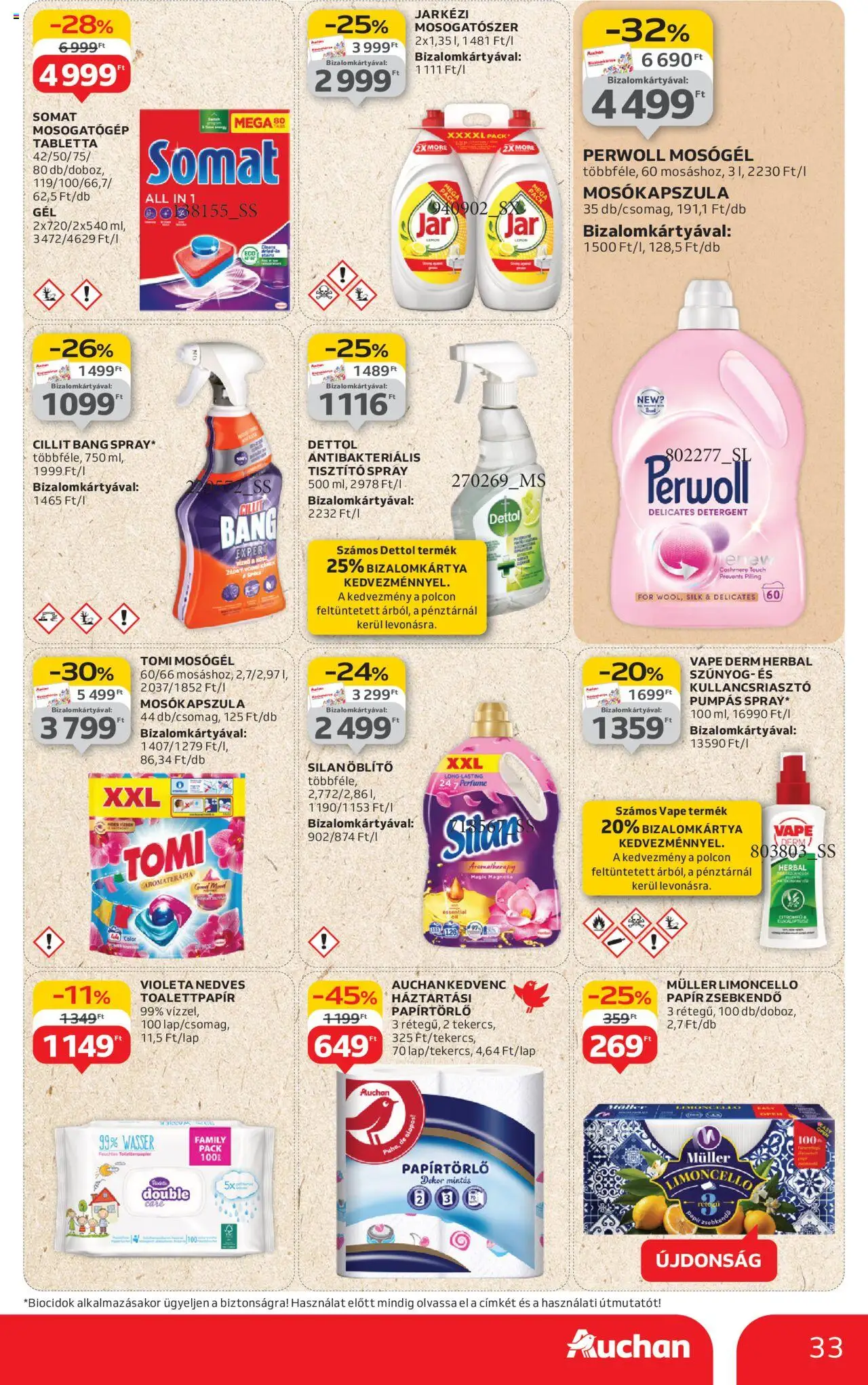 Auchan akciós ujság - amely érvényes a következő dátumtól: 07.08.2025 | Oldal: 33 | Termékek: Perwoll, Somat, Kullancsriasztó, Mosogatószer
