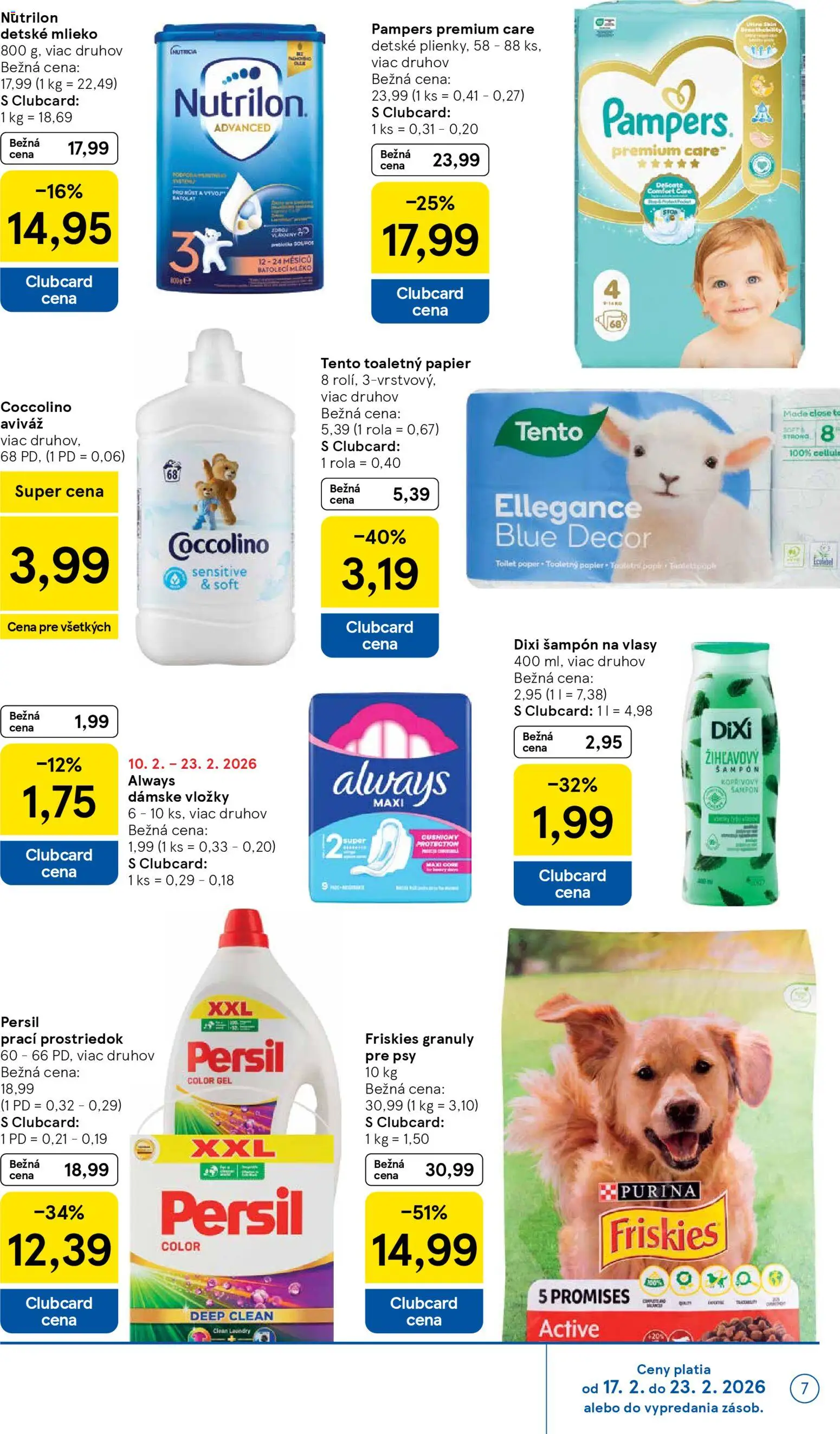 Nové Tesco akcie – leták je platný od 18.02.2026 | Strana: 7 | Produkty: Mlieko, Pampers Premium Care, Šampón, Toaletný papier