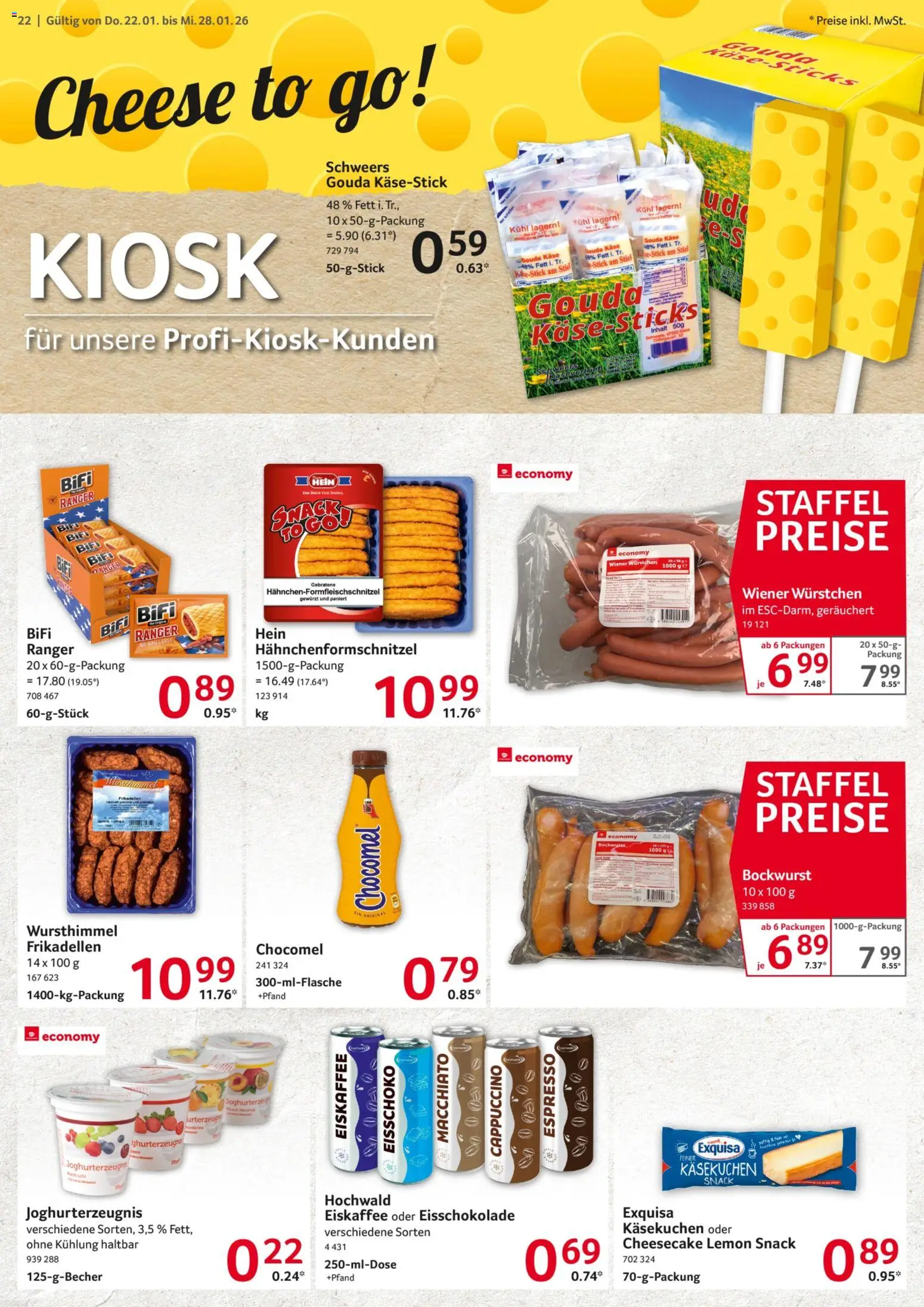 Selgros Prospekt 	 – gültig ab 22.01.2026 | Seite: 22 | Produkte: Bockwurst, Käse, Gouda, Chocomel