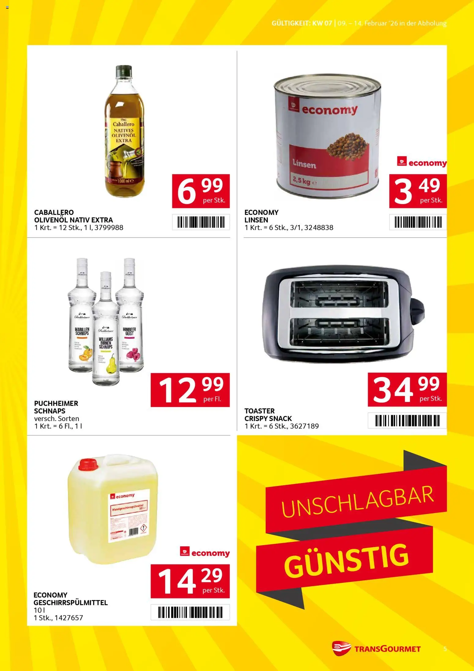 Transgourmet Flugblatt gültig ab 09.02.2026 | Seite: 5 | Produkte: Geschirrspülmittel, Toaster