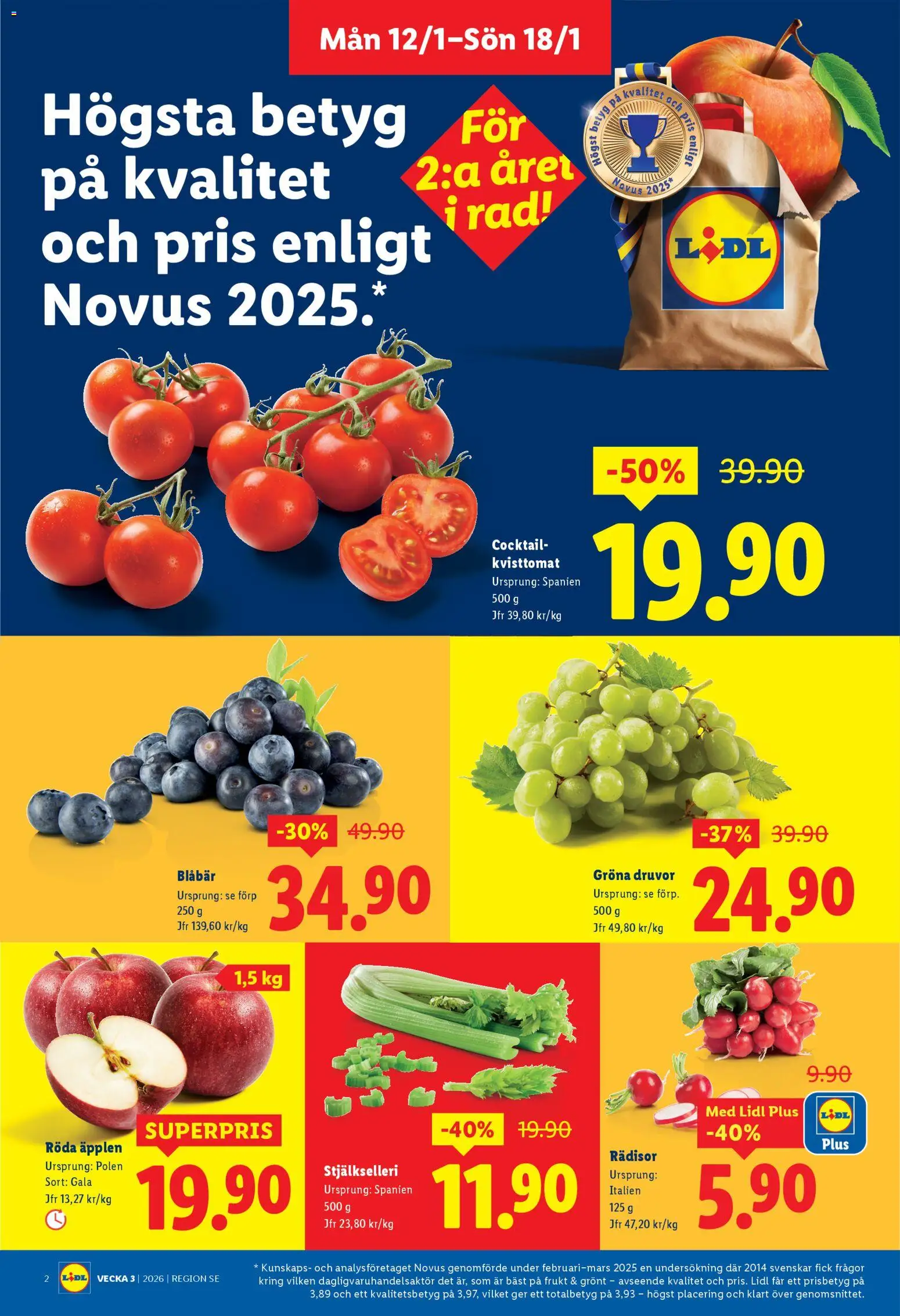 Lidl reklamblad aktuell från 12.01.2026 | Sida: 2 | Produkter: Kvisttomat, Äpplen, Blåbär