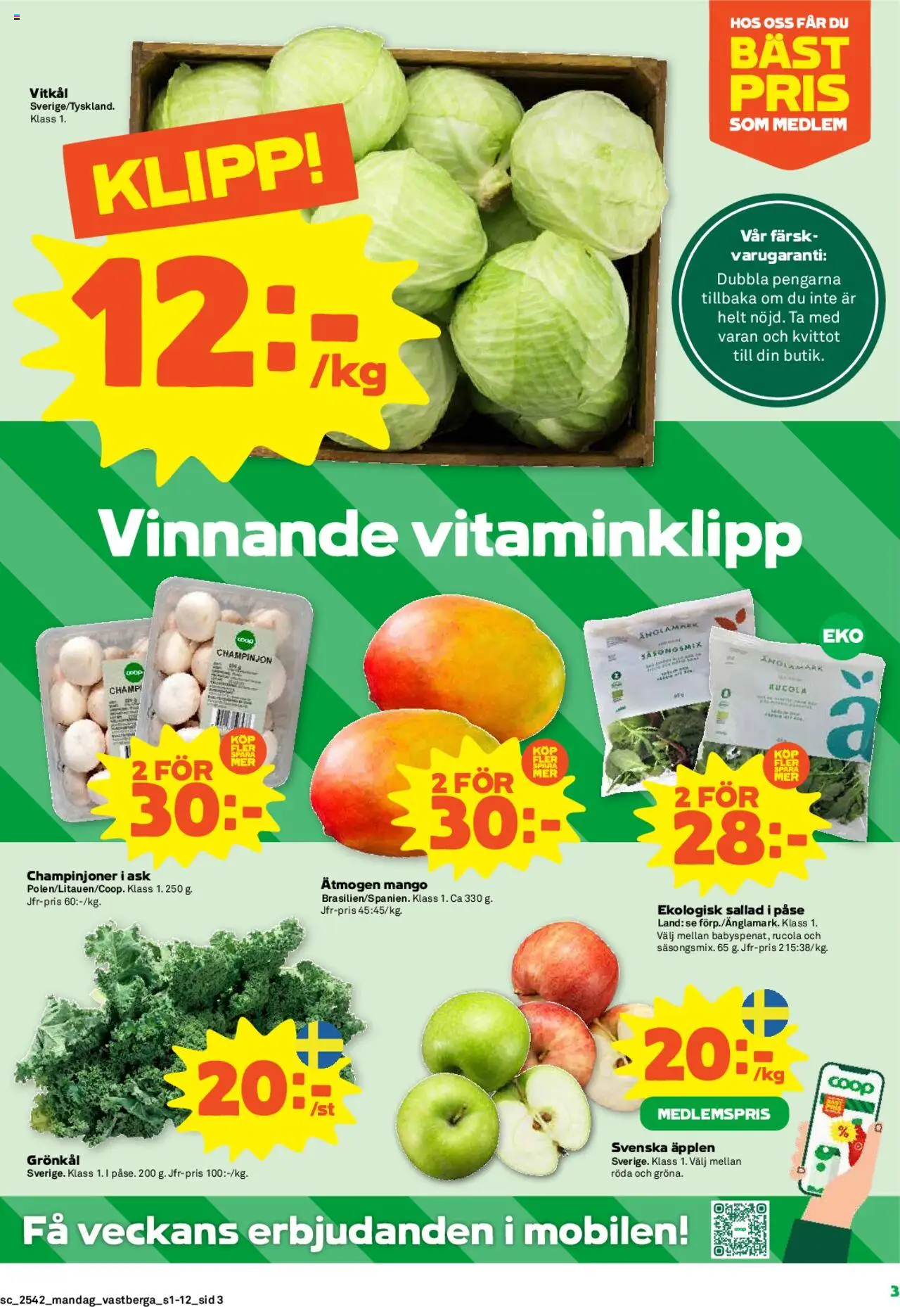 Coop Forum reklamblad aktuell från 13.10.2025 | Sida: 3 | Produkter: Vitkål, Äpplen, Sallad, Mango