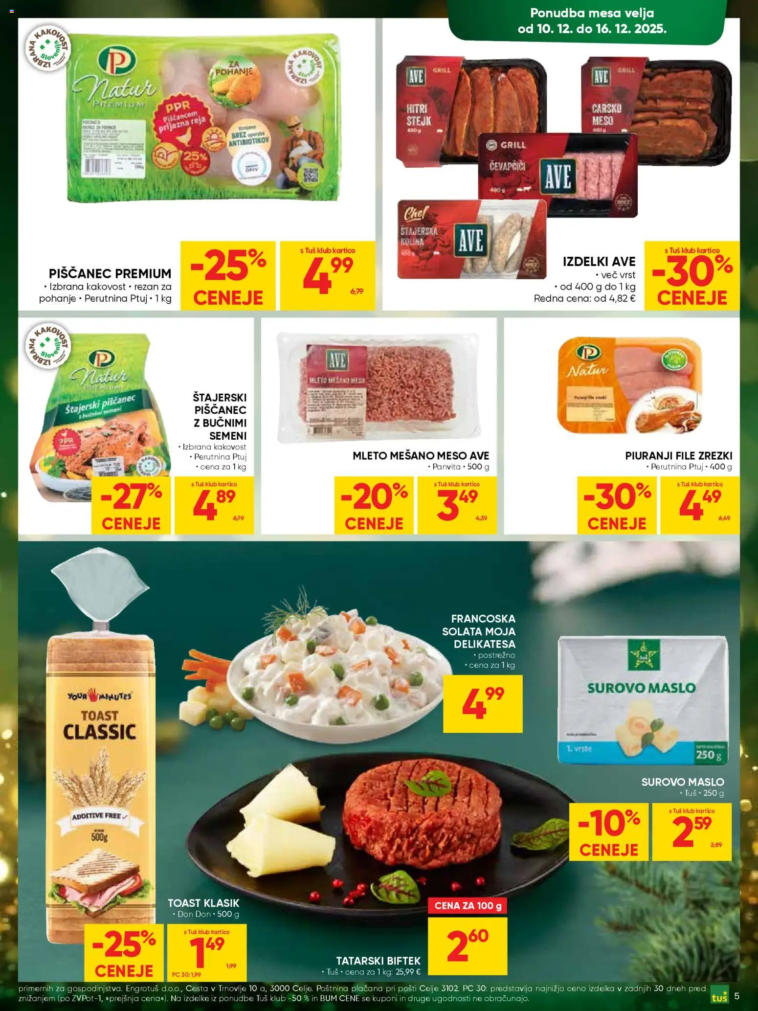 Novi Tuš katalog ponudbe – veljaven od 10.12.2025 | Stran: 5 | Izdelki: Čevapčiči, Toast, Zrezki, Solata