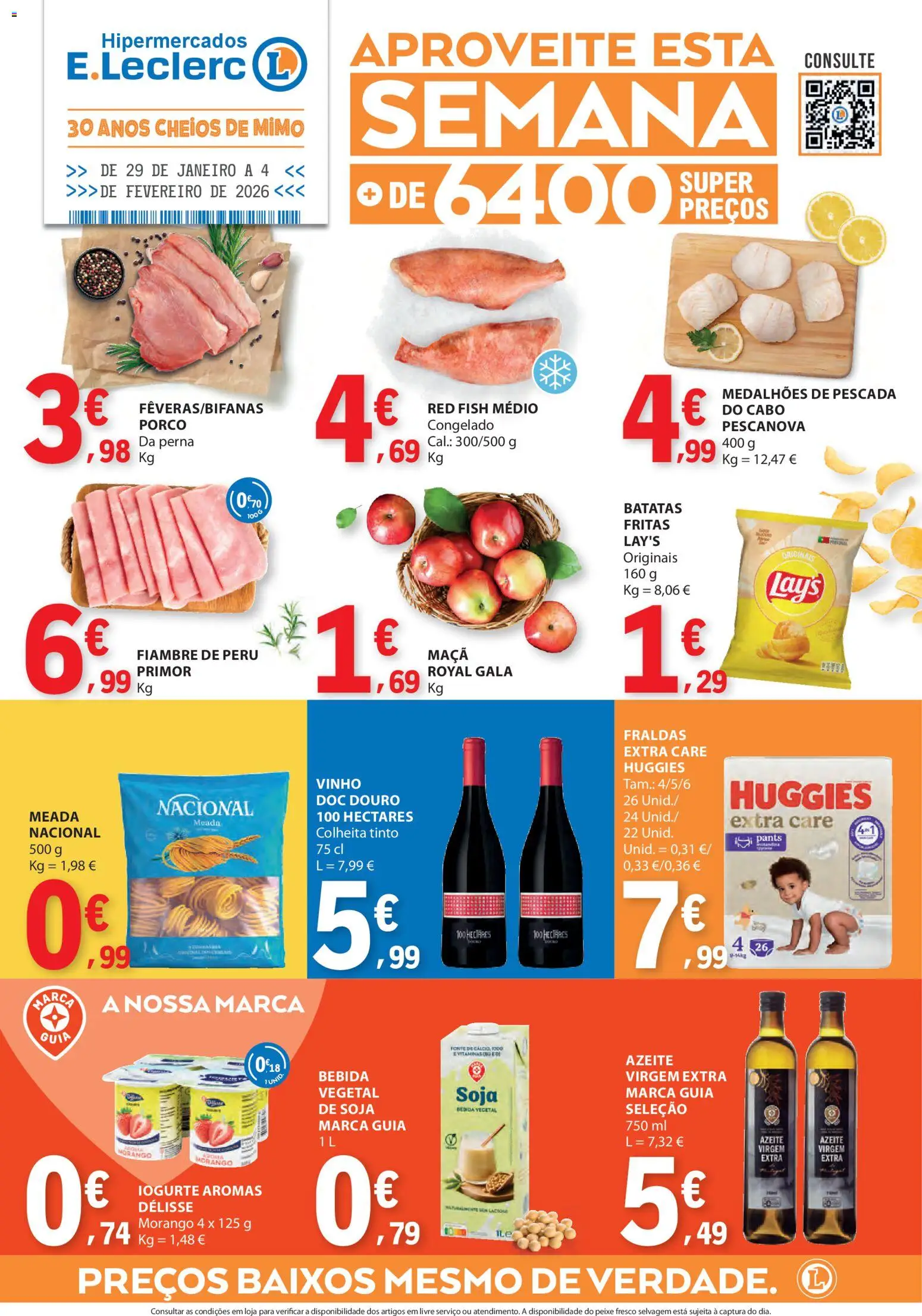 E.Leclerc folheto │ válido de 29.01.2026 | Página: 1 | Produtos: Fraldas, Peru, Iogurte, Vinho