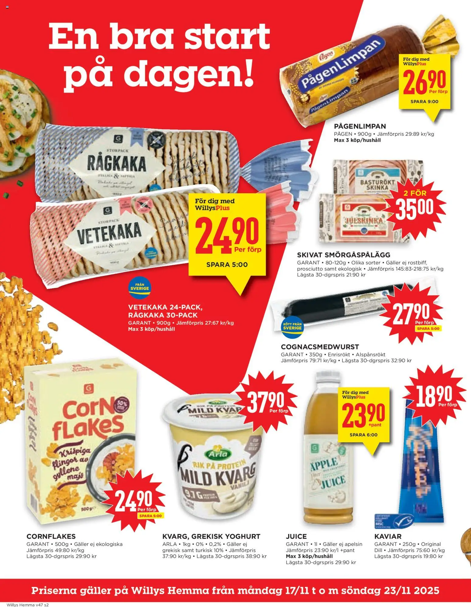 Willys reklamblad aktuell från 17.11.2025 | Sida: 2 | Produkter: Cornflakes, Juice, Äpple, Kvarg
