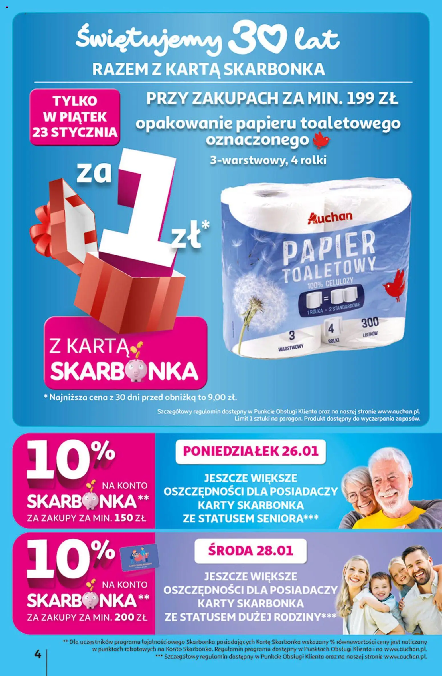 Auchan Gazetka - 30 Lat Hipermarket od 22.01.2026 | Strona: 4 | Produkty: Karta, Papier toaletowy, Rolki