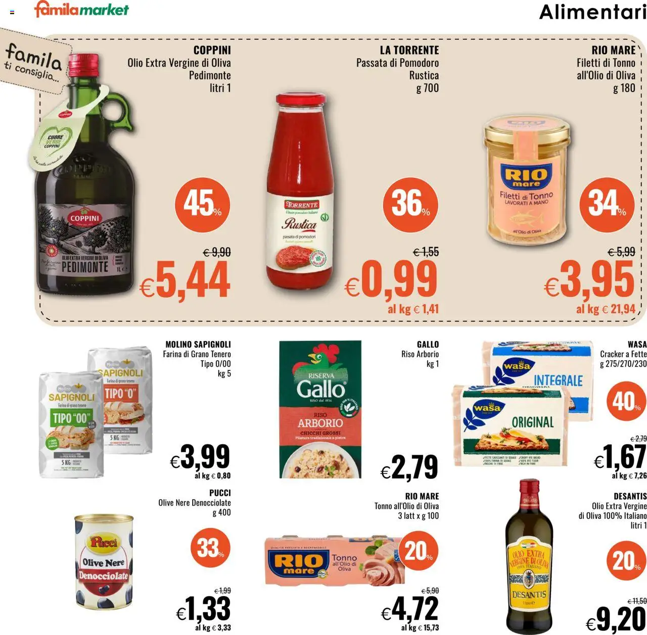 Volantino Famila del 31.07.2025 | Pagina: 12 | Prodotti: Riso, Olio, Pomodori, Passata di pomodoro