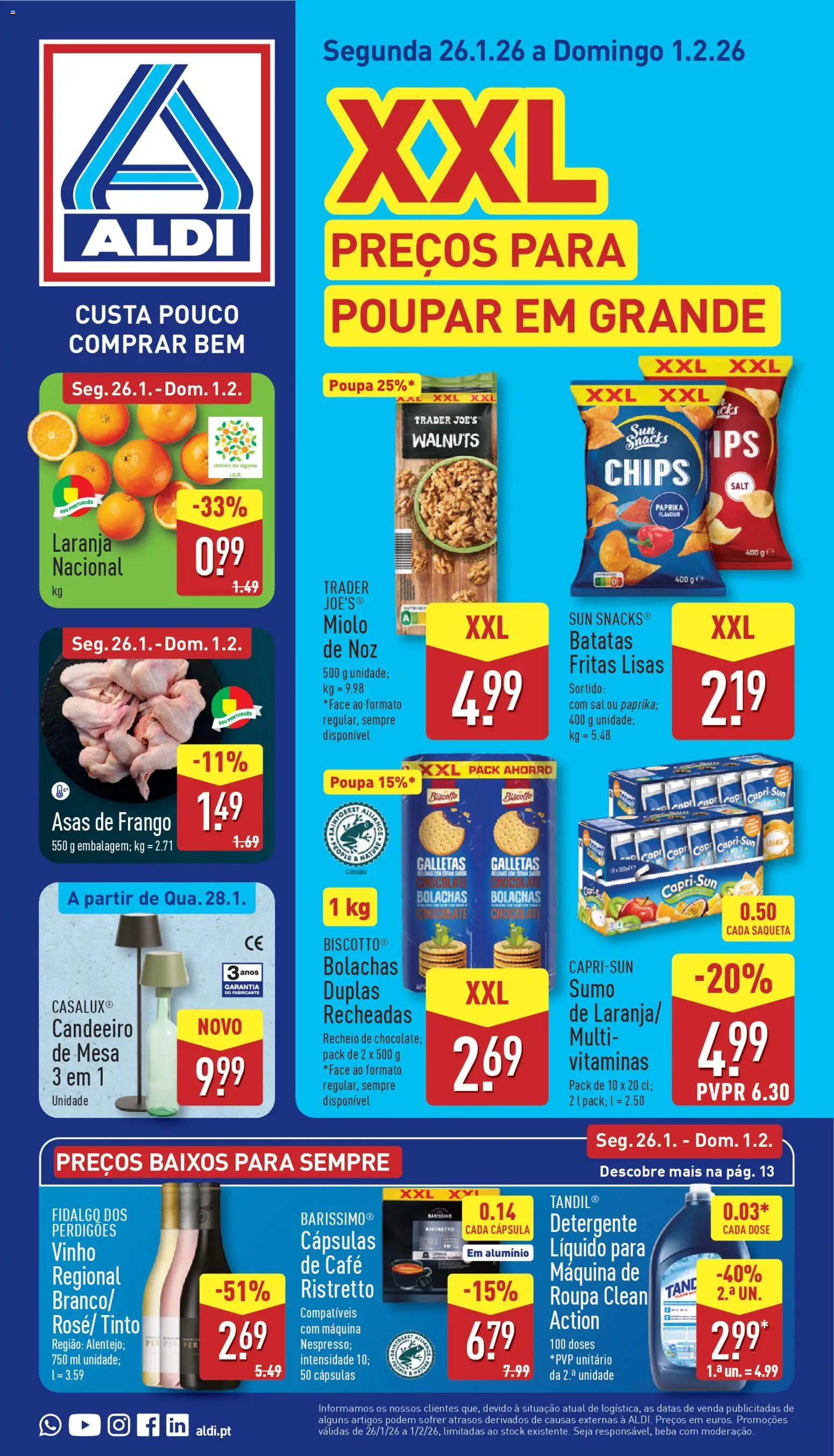 Aldi folheto │ válido de 26.01.2026 | Página: 1 | Produtos: Candeeiro, Asas de frango, Chocolate, Vinho