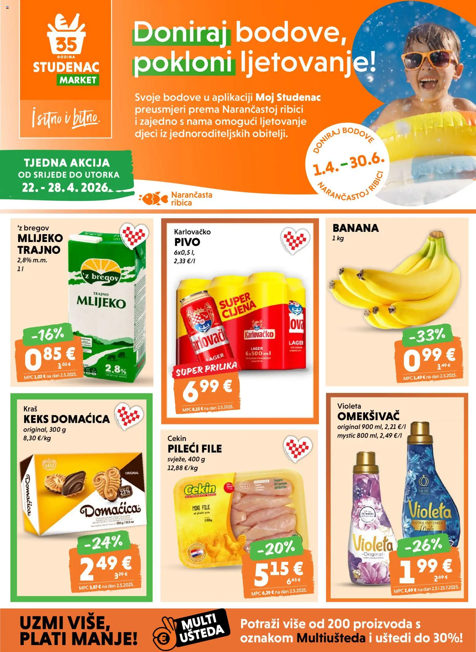 Studenac katalog | vrijedi od 22.04.2026 | Stranica: 1 | Proizvodi: Mlijeko, Karlovačko, Pivo, Violeta