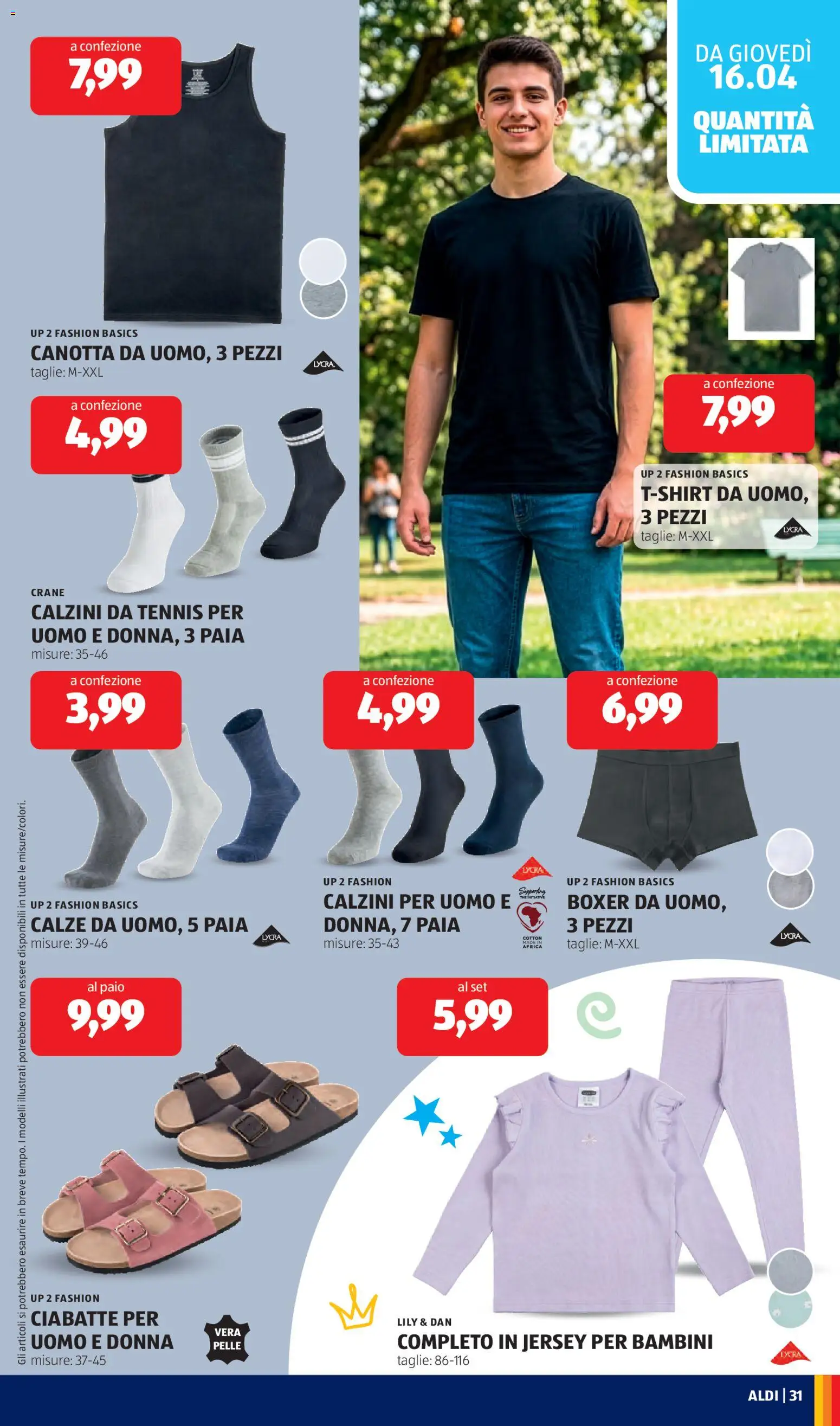 Volantino Aldi del 13.04.2026 | Pagina: 31 | Prodotti: Calzini, Boxer, Ciabatte, T-shirt