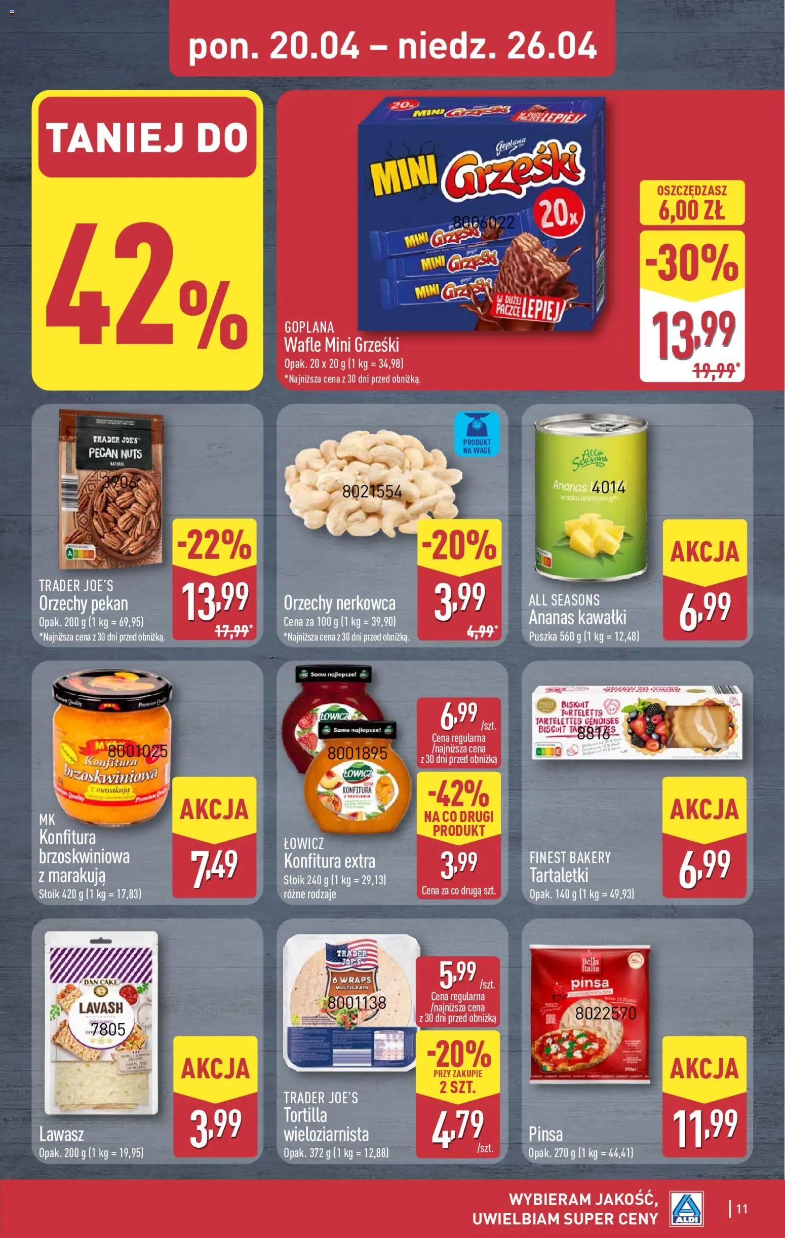 Aldi gazetka od 20.04.2026 | Strona: 11 | Produkty: Wafle, Pinsa, Orzechy, Lawasz