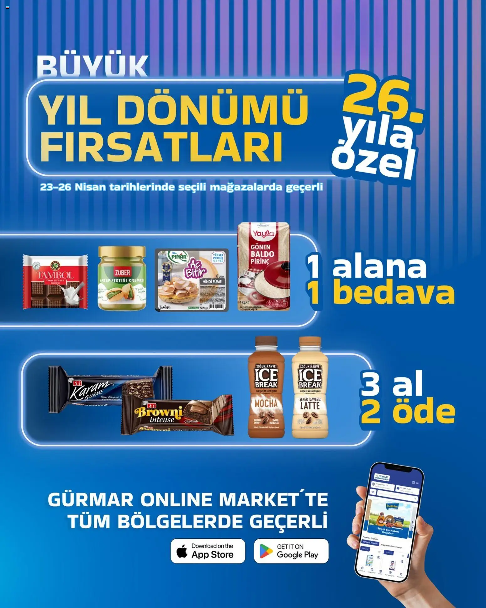 Gürmar İndirim - 23.04.2026 tarihinden itibaren geçerlidir | Sayfa: 1 | Ürünler: Kahve, Pirinç, Şeker, Hindi füme