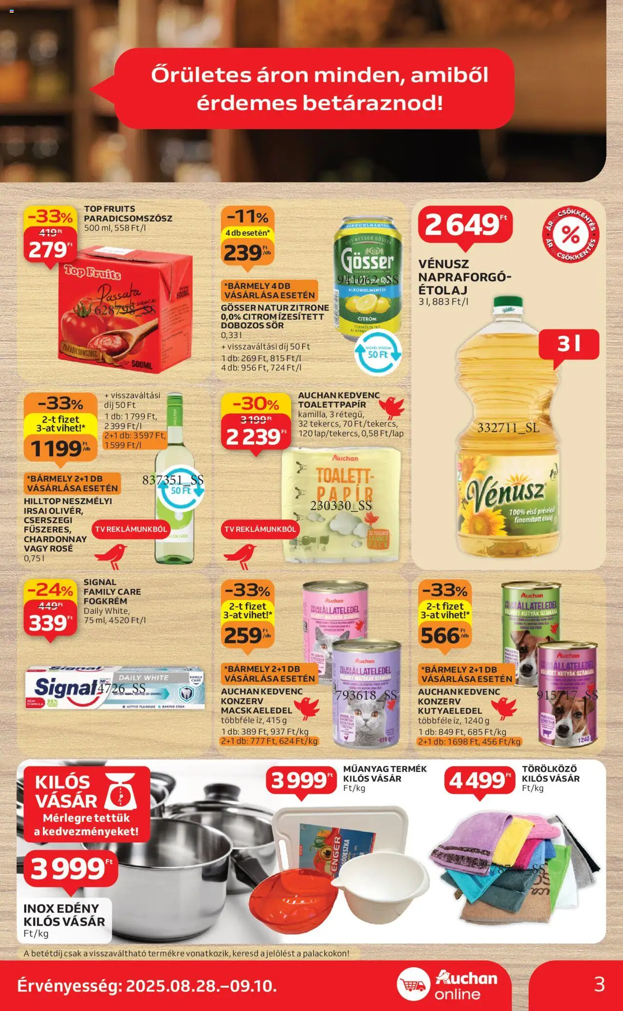 Auchan akciós ujság - amely érvényes a következő dátumtól: 28.08.2025 | Oldal: 3 | Termékek: Kutyaeledel, Edény, Gösser, Sör