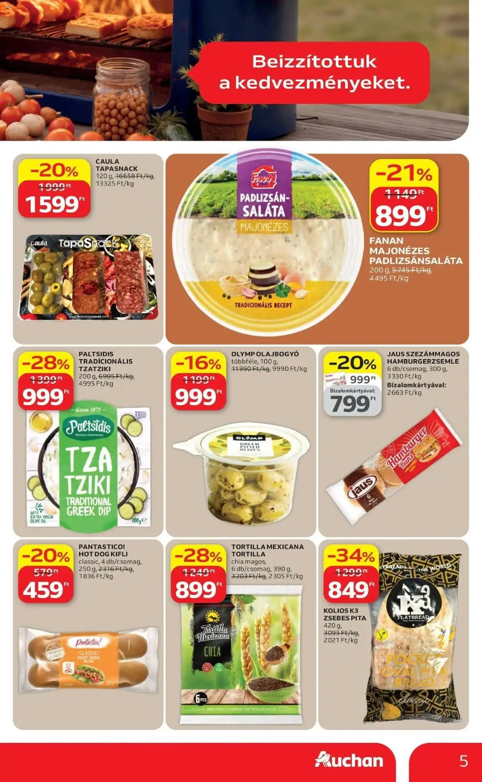 Auchan akciós ujság - amely érvényes a következő dátumtól: 16.04.2026 | Oldal: 5 | Termékek: Padlizsán, Hamburger, Tortilla, Saláta