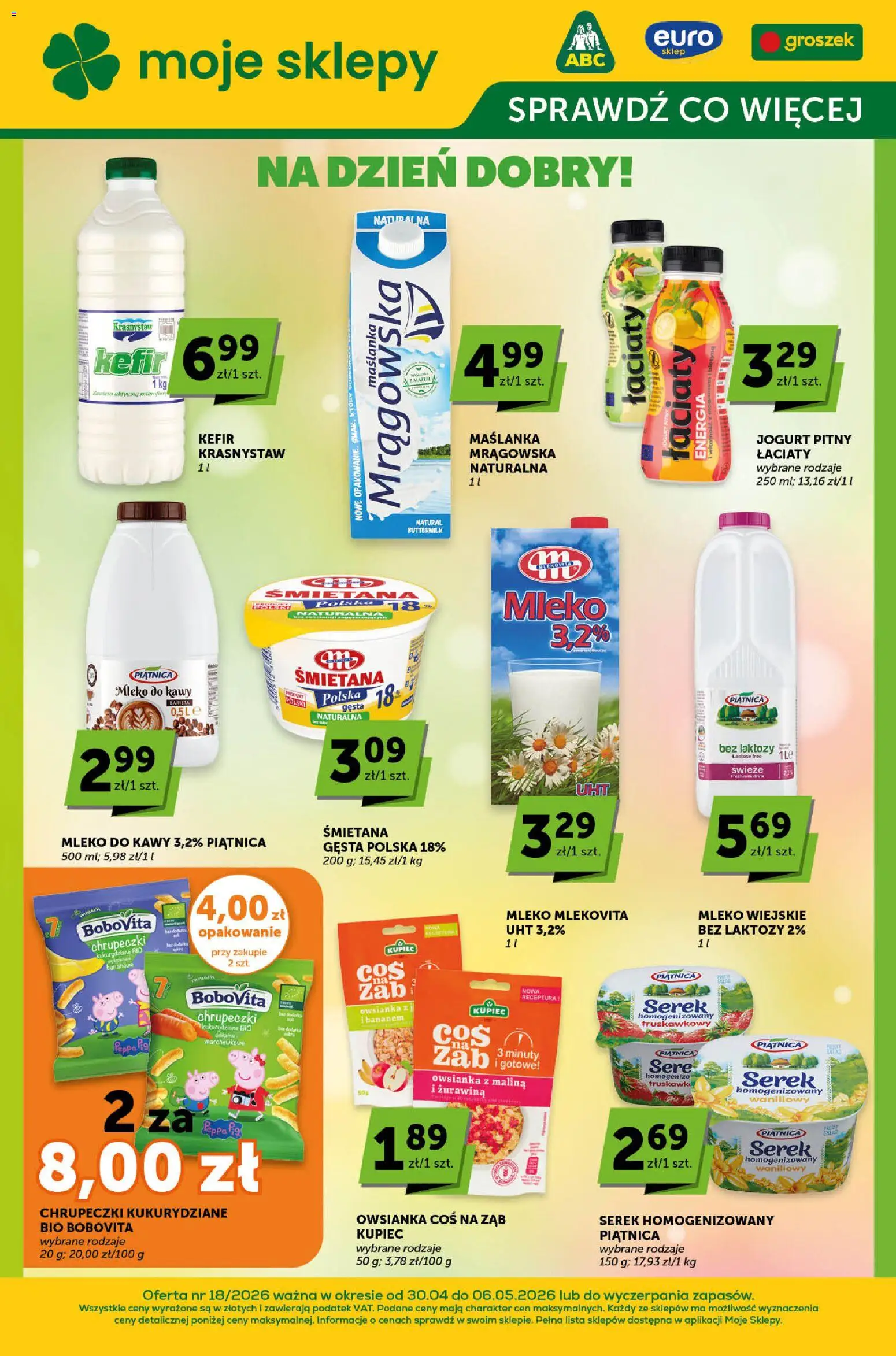 Groszek gazetka - Sprawdź, co więcej od 30.04.2026 | Strona: 1 | Produkty: Malina, Serek, Jogurt, Mleko do kawy