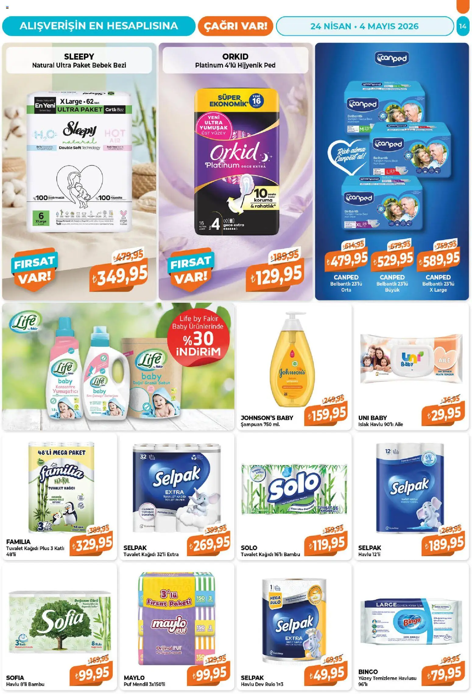Çağrı Market Katalog - 24.04.2026 tarihinden itibaren geçerlidir | Sayfa: 14 | Ürünler: Hijyenik ped, Tuvalet, Şampuan, Tuvalet kağıdı