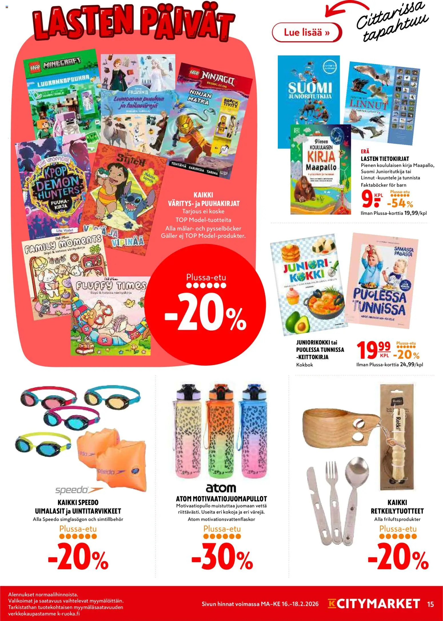 K-Citymarket tarjoukset – voimassa 16.02.2026 alkaen | Sivu: 15 | Tuotteet: Uimalasit, Kirja