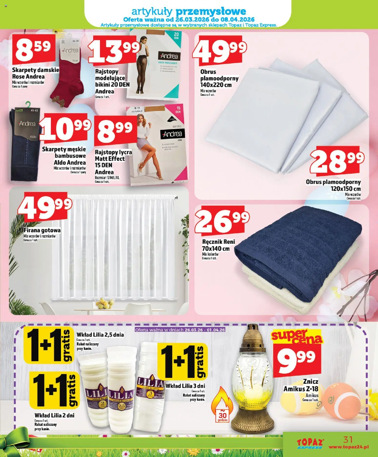 Topaz gazetka - Express od 26.03.2026 | Strona: 31 | Produkty: Skarpety, Skarpety damskie, Rajstopy, Artykuły przemysłowe