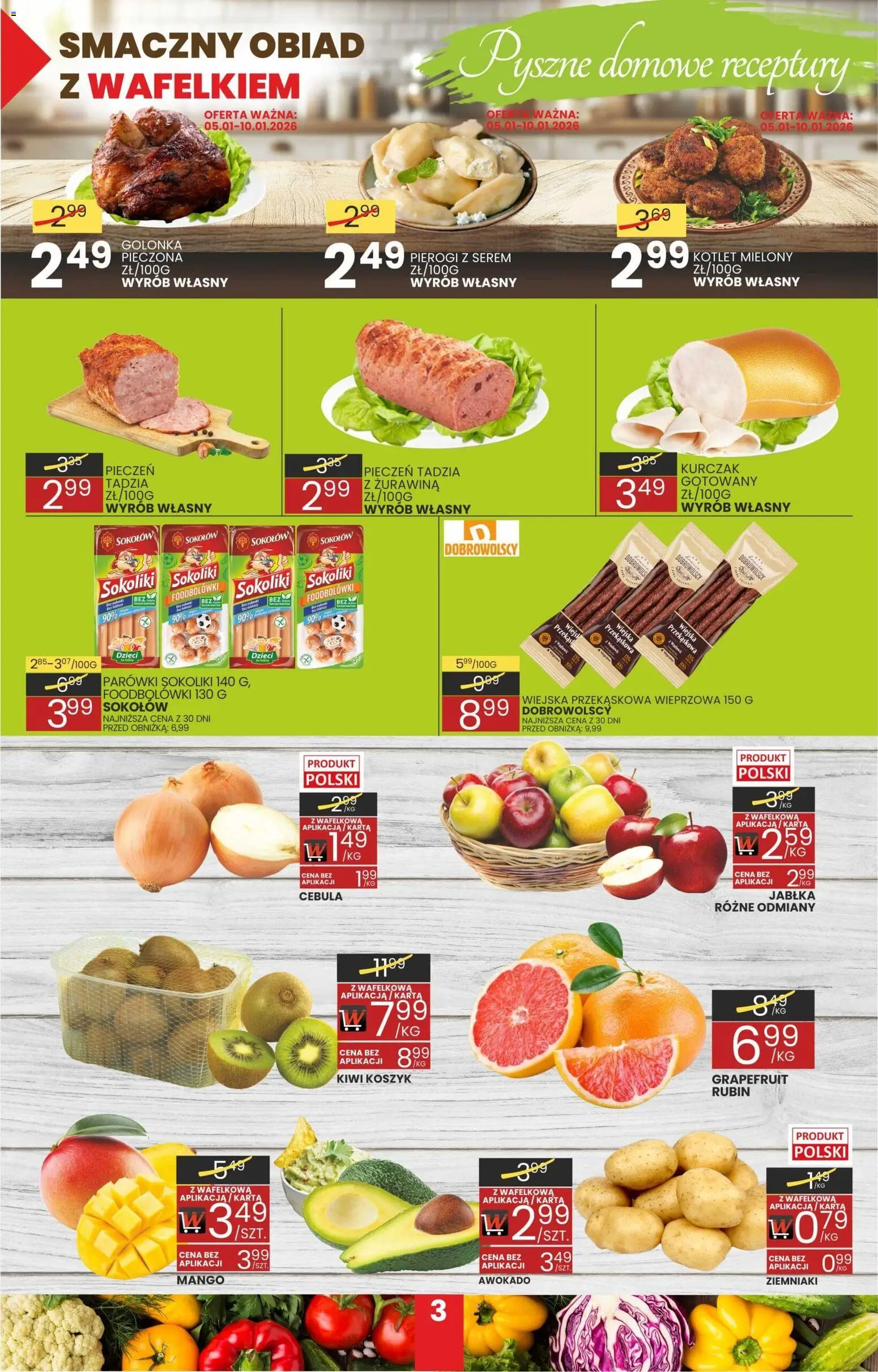 Wafelek Gazetka od 02.01.2026 | Strona: 3 | Produkty: Parówki sokoliki, Żurawina, Jabłka, Kiwi