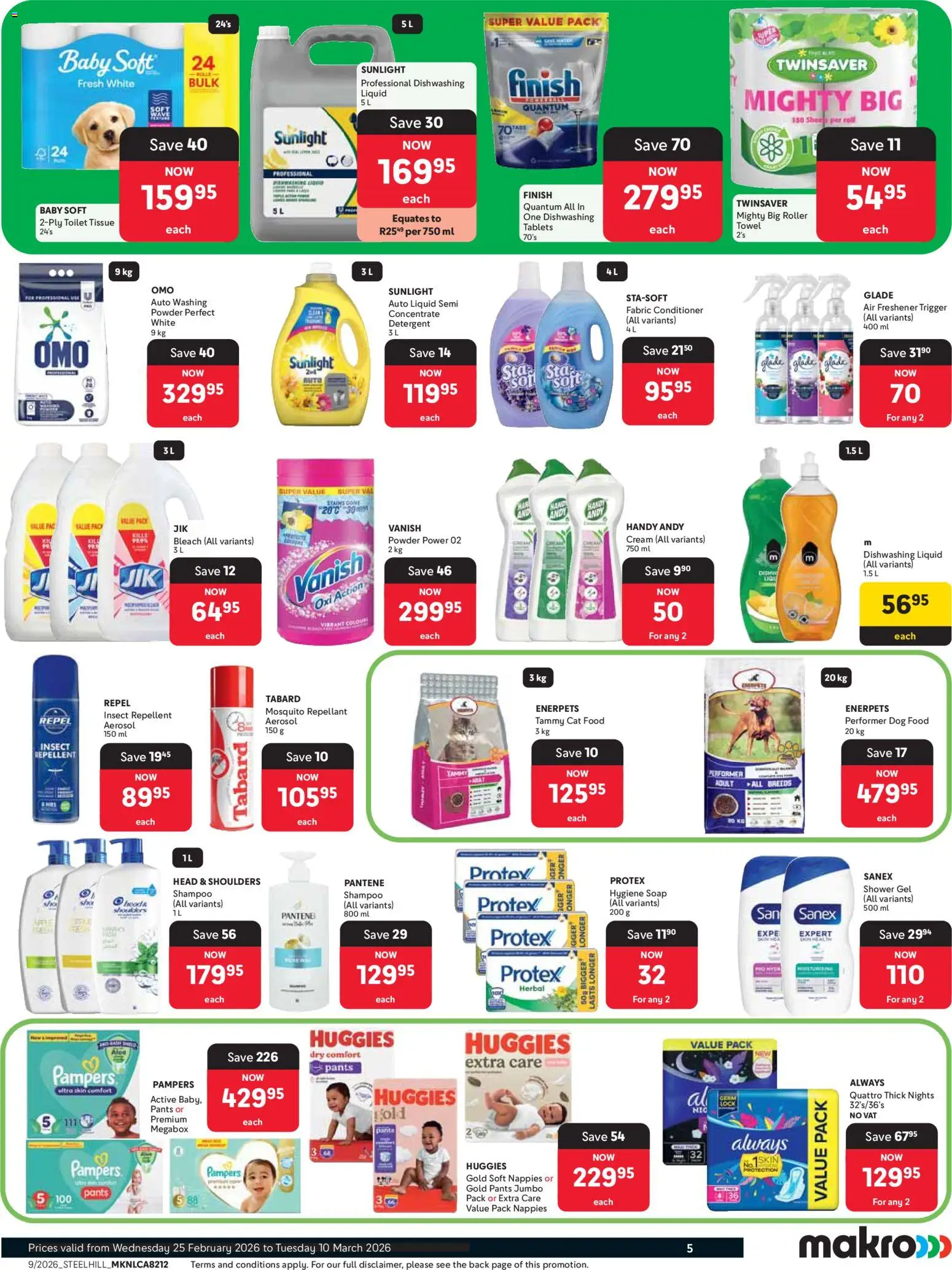 New Makro catalogue – valid from 25.02.2026 | Page: 5 | Products: Bleach, Soap, Nappies, Cat food
