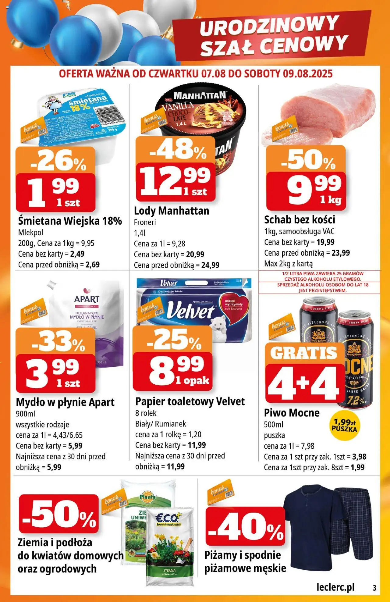 E.Leclerc Gazetka - Radom od 04.08.2025 | Strona: 3 | Produkty: Karta, Mydło w płynie, Schab bez kości, Lody manhattan