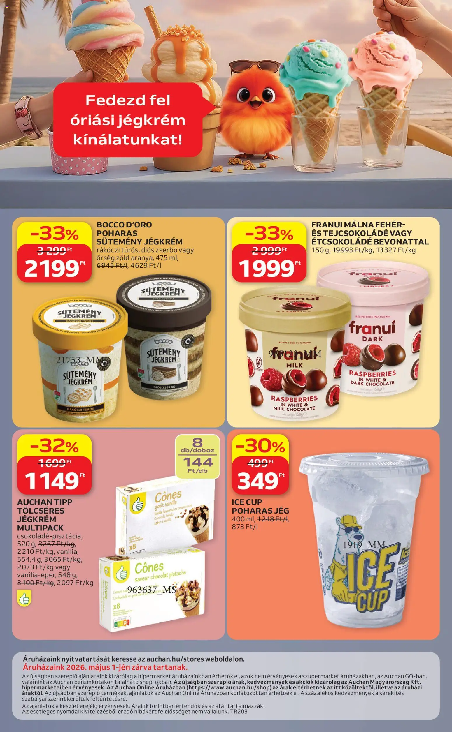 Auchan akciós ujság - amely érvényes a következő dátumtól: 23.04.2026 | Oldal: 16 | Termékek: Málna, Étcsokoládé, Csokoládé, Jégkrém