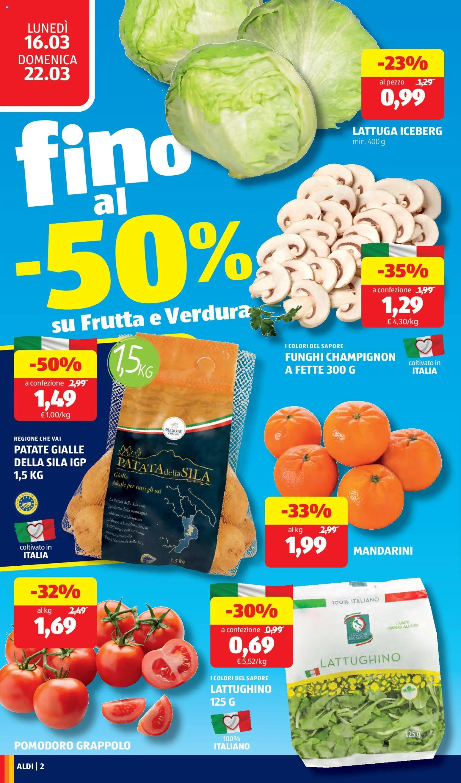 Volantino Aldi del 16.03.2026 | Pagina: 2 | Prodotti: Mandarini, Patate, Pomodoro, Lattuga