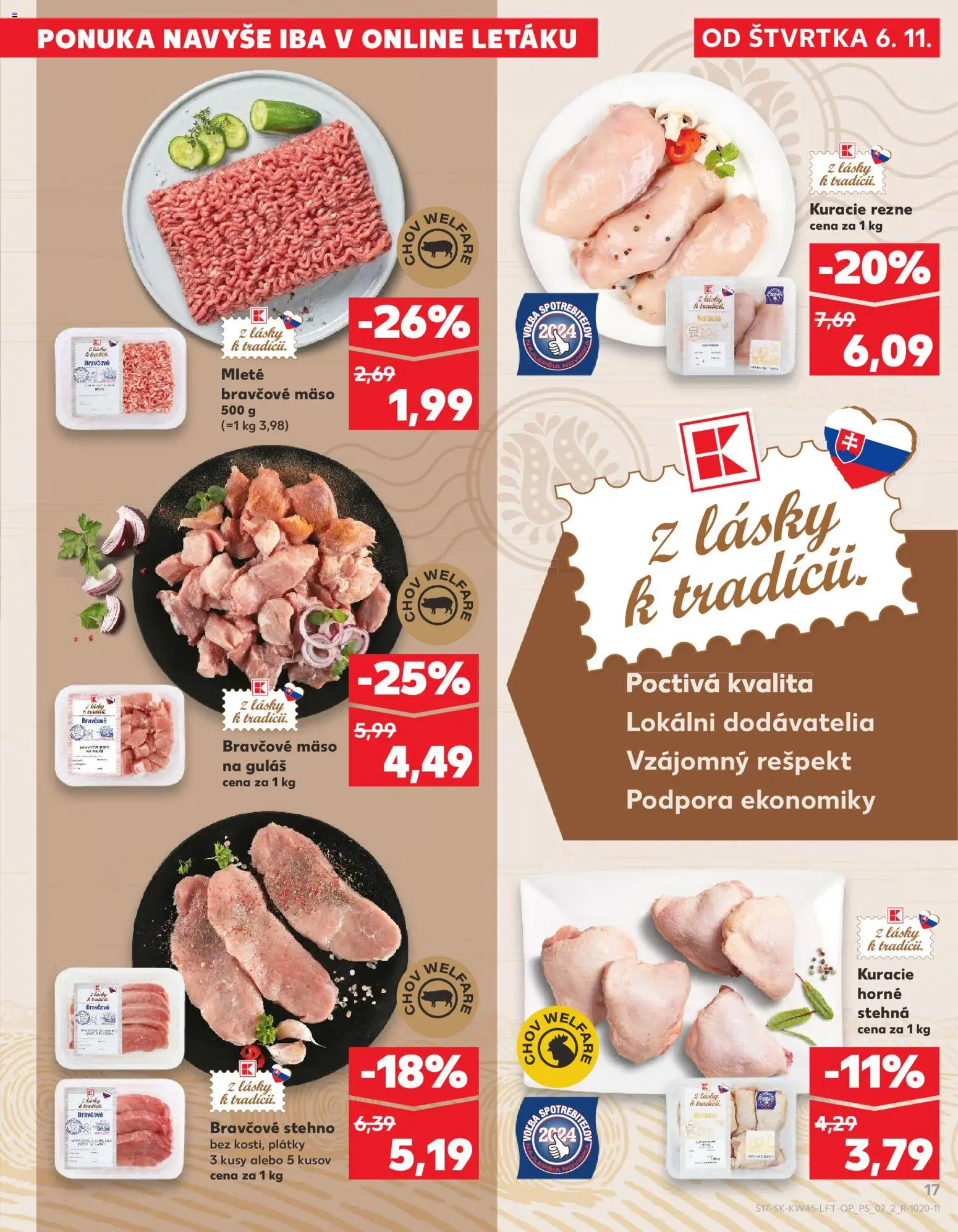 Nové Kaufland akcie – leták je platný od 06.11.2025 | Strana: 17 | Produkty: Bravčové stehno, Kuracie rezne, Bravčové mäso