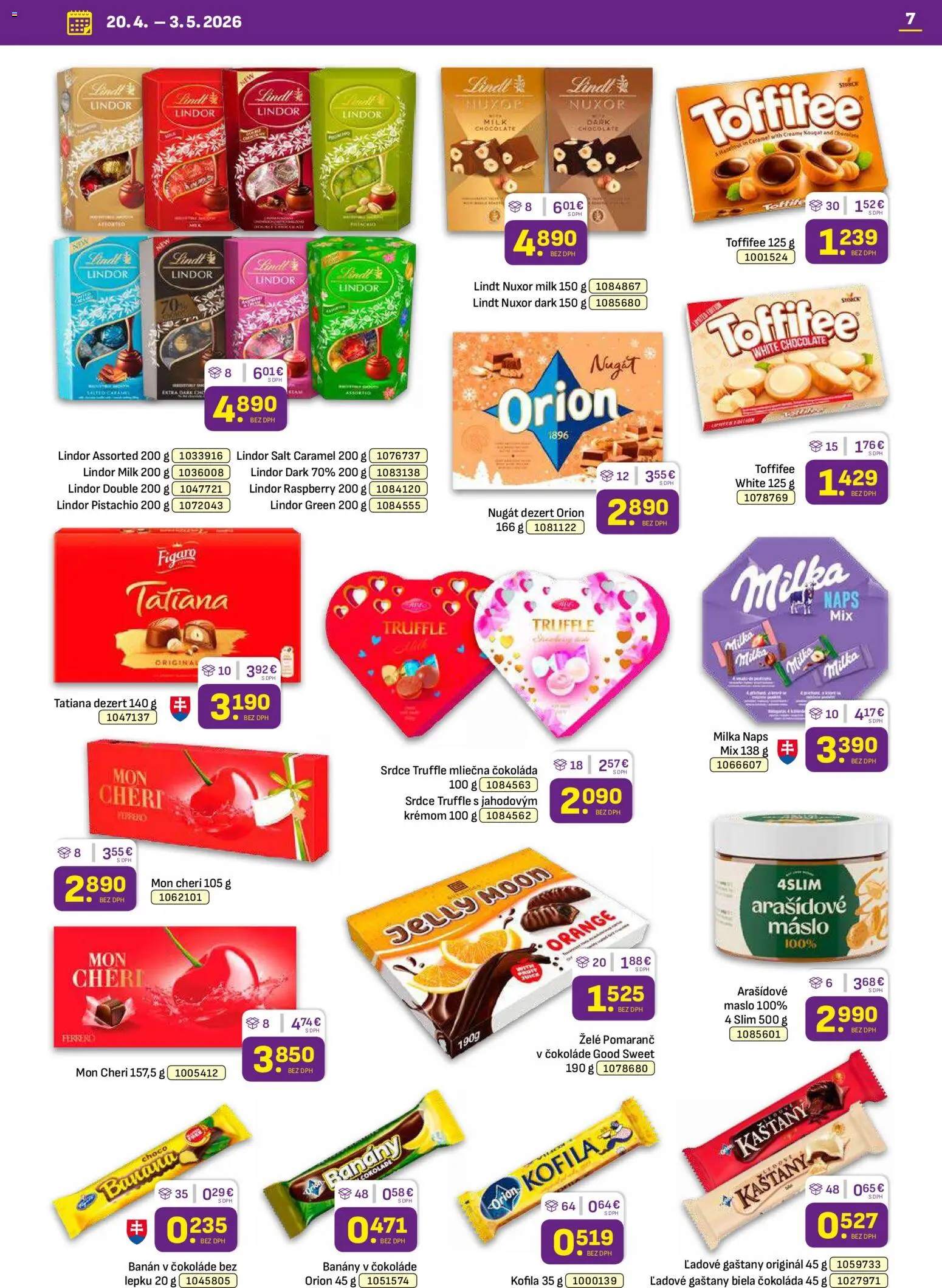 Nové Libex akcie – leták je platný od 20.04.2026 | Strana: 7 | Produkty: Gaštany, Banány v čokoláde, Lindor, Milka
