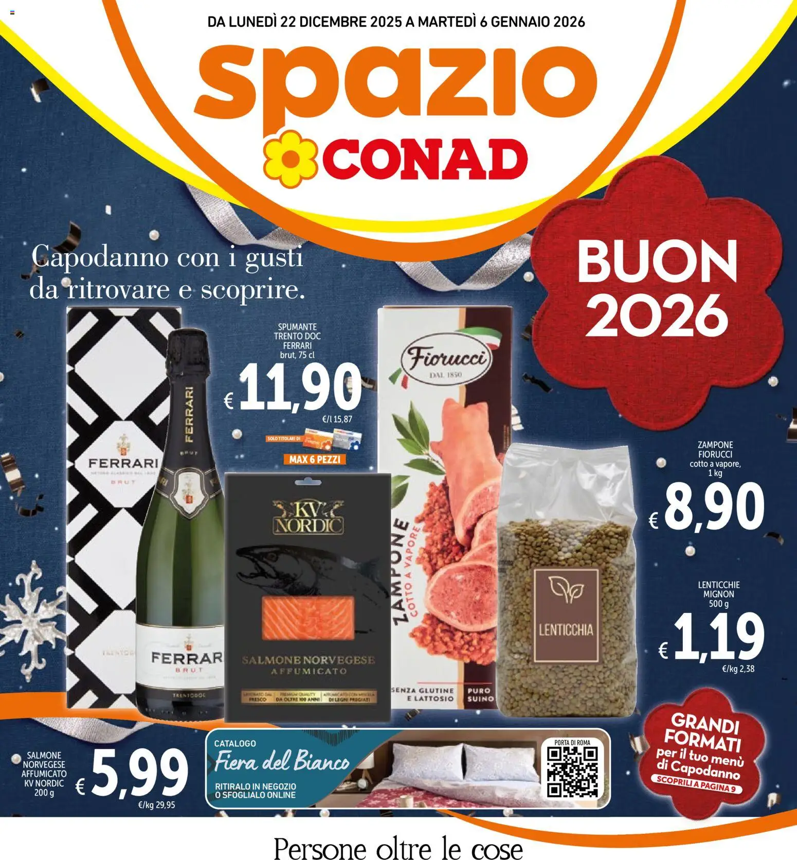 Volantino Spazio Conad del 22.12.2025 | Pagina: 1 | Prodotti: Salmone, Lenticchie, Suino, Spumante