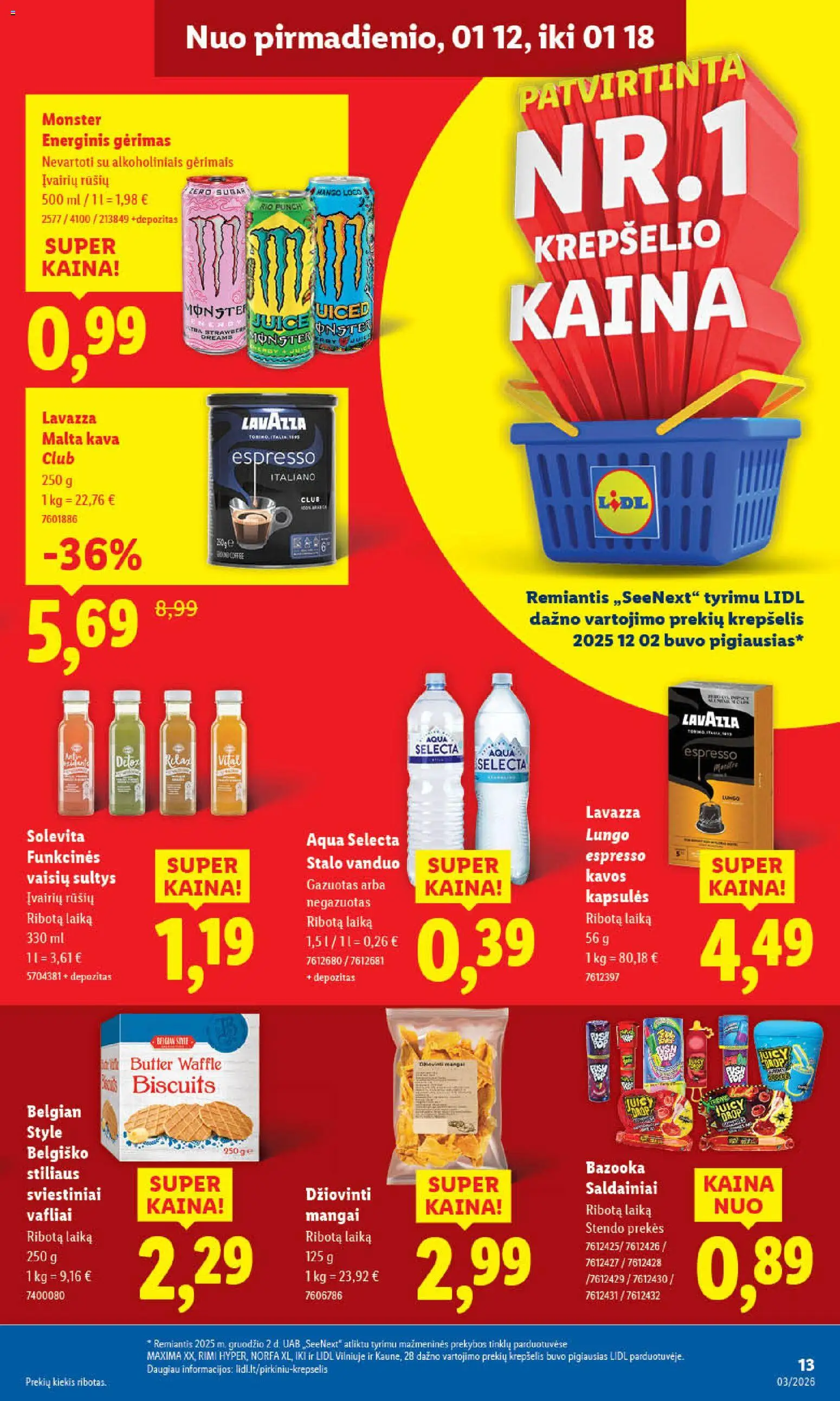LIDL akcijos nuo 12.01.2026 | Puslapis: 15 | Prekių: Energinis gėrimas, Kava, Krepšelis, Vafliai